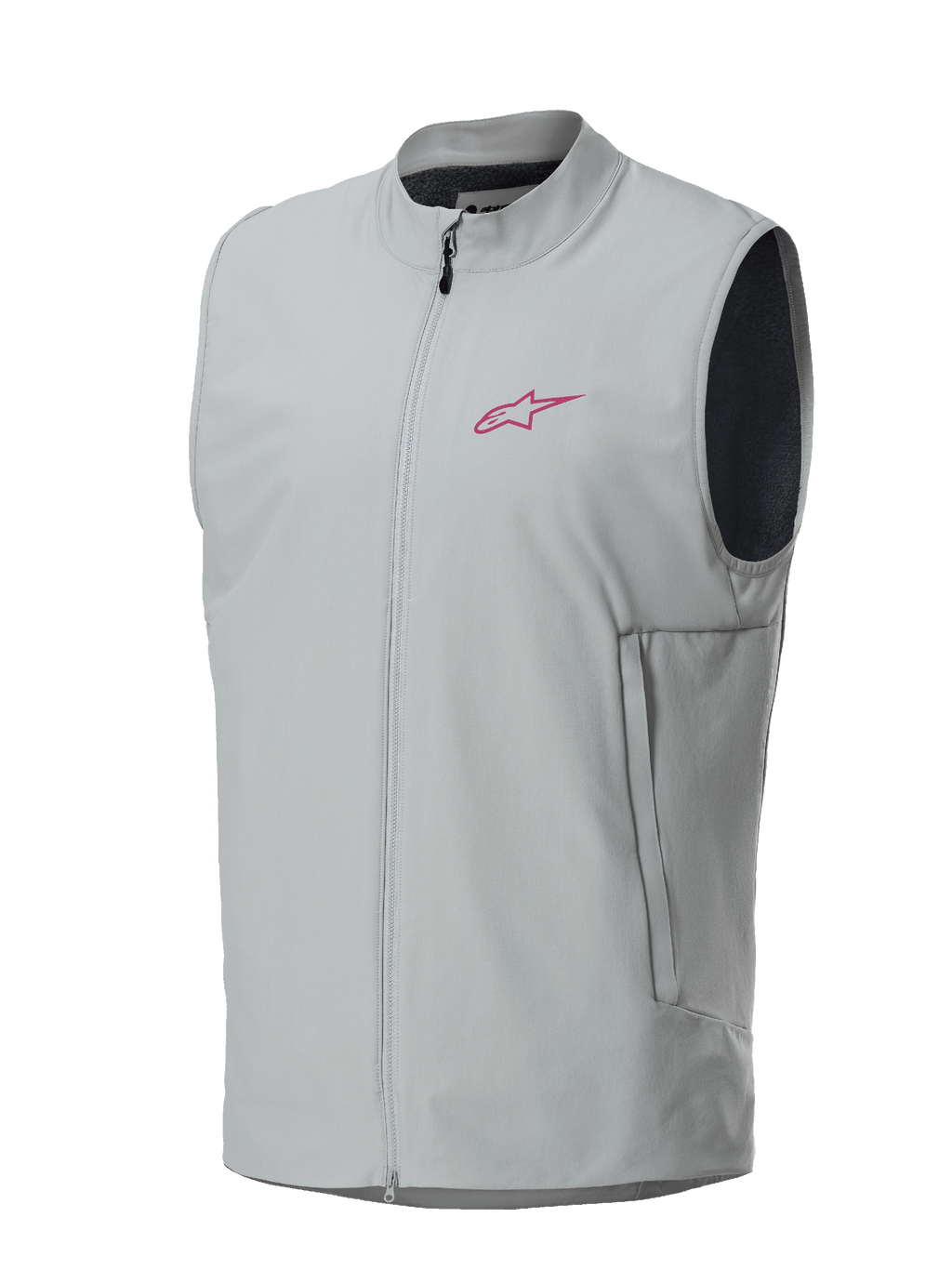 Alpinestars A-Dura Thermal Vest, titaniumgrå, magenta Alpinestars-stjärnlogotyp på bröstet, hel dragkedja fram med vertikala sidofickor, lätt isolerad väst för mountainbike och terrängcykling