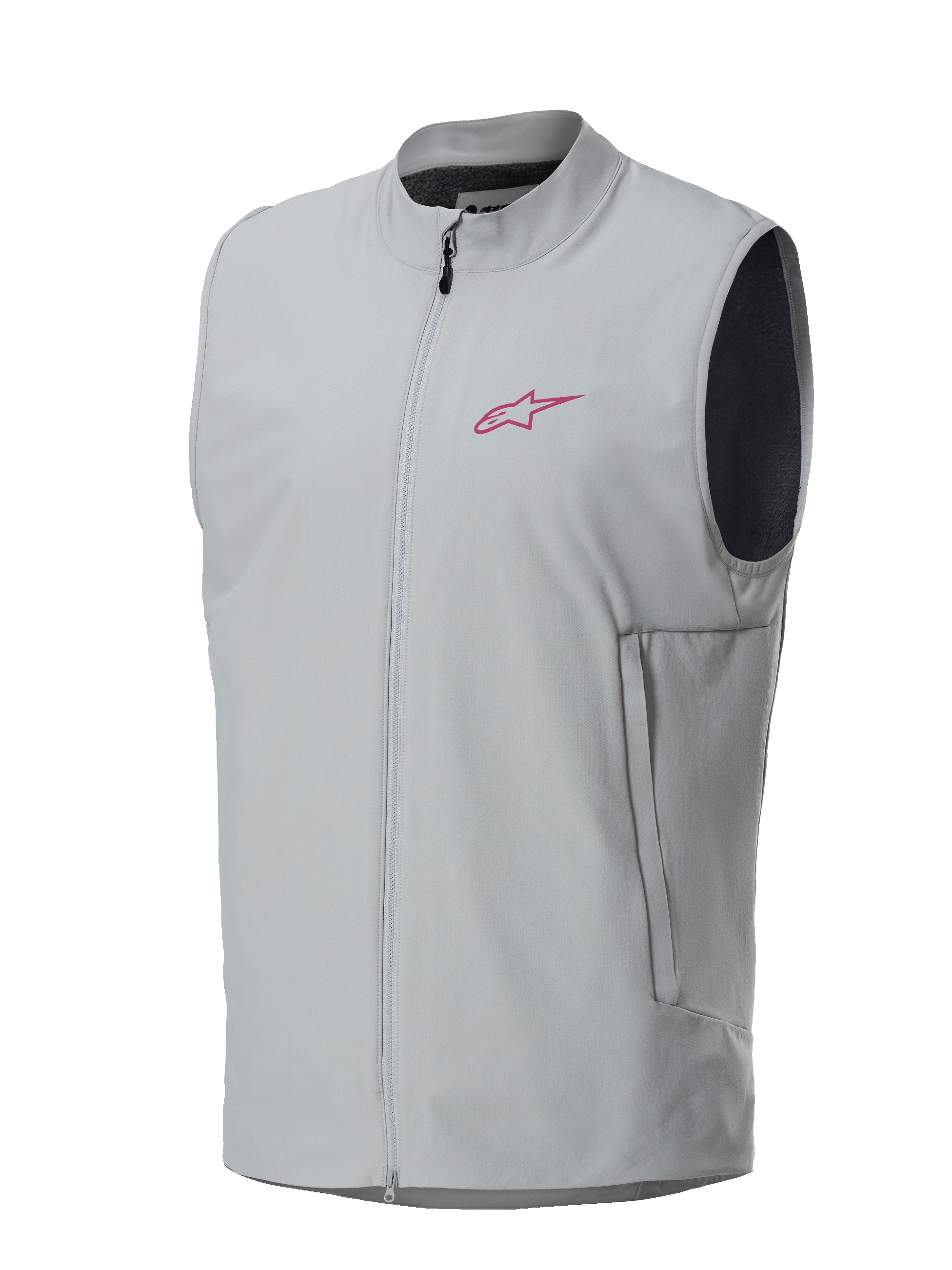 Alpinestars A-Dura Thermal Vest, titaniumgrå, magenta Alpinestars-stjärnlogotyp på bröstet, hel dragkedja fram med vertikala sidofickor, lätt isolerad väst för mountainbike och terrängcykling