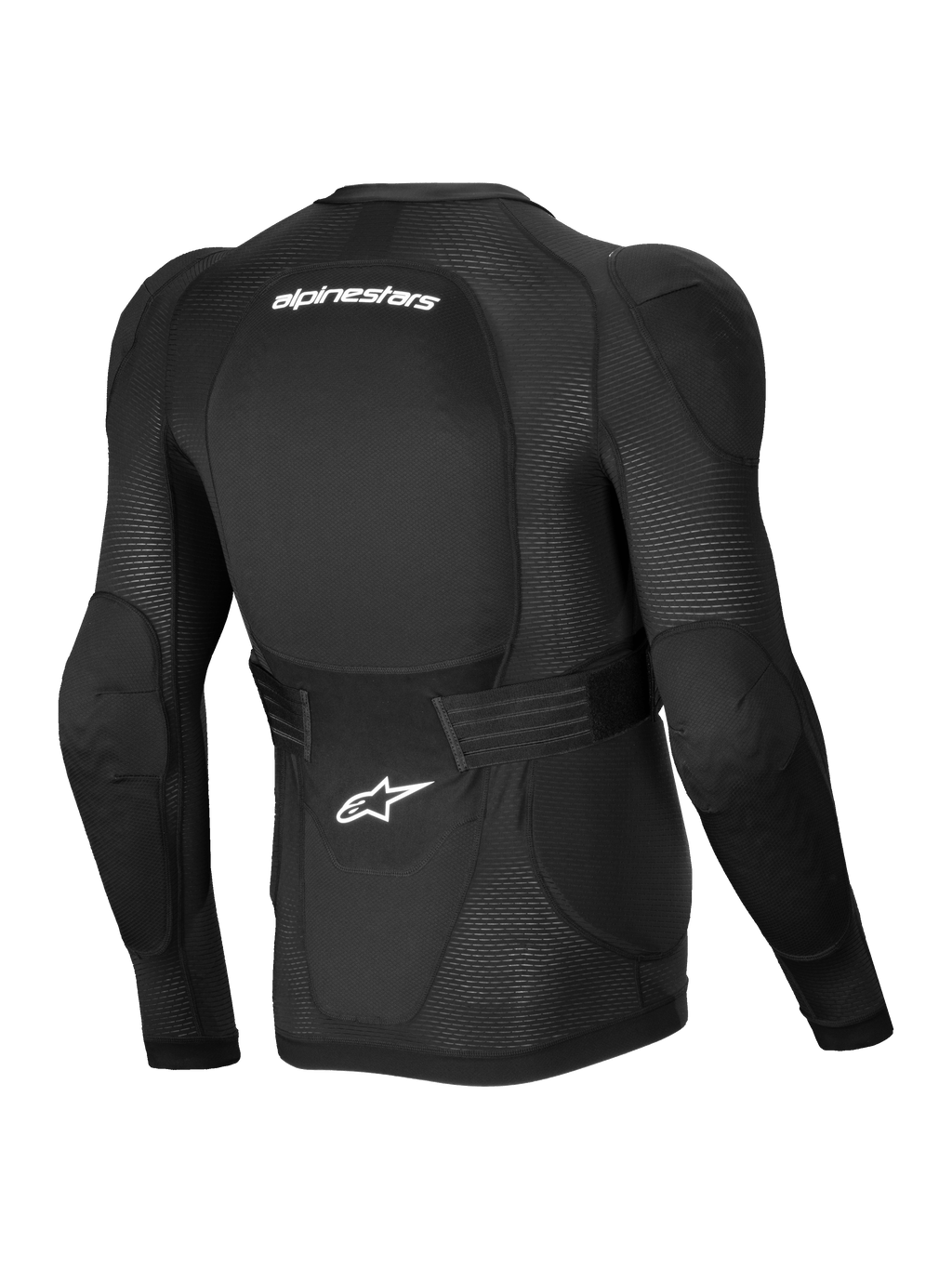 Alpinestars A-Impact Plasma Protection Jacket, Men's MTB Long Sleeve Protection Jacket, Black and White, CE Level 2 Nucleon Plasma back and shoulder protection, back view showing breathable stretch mesh and adjustable waist belt