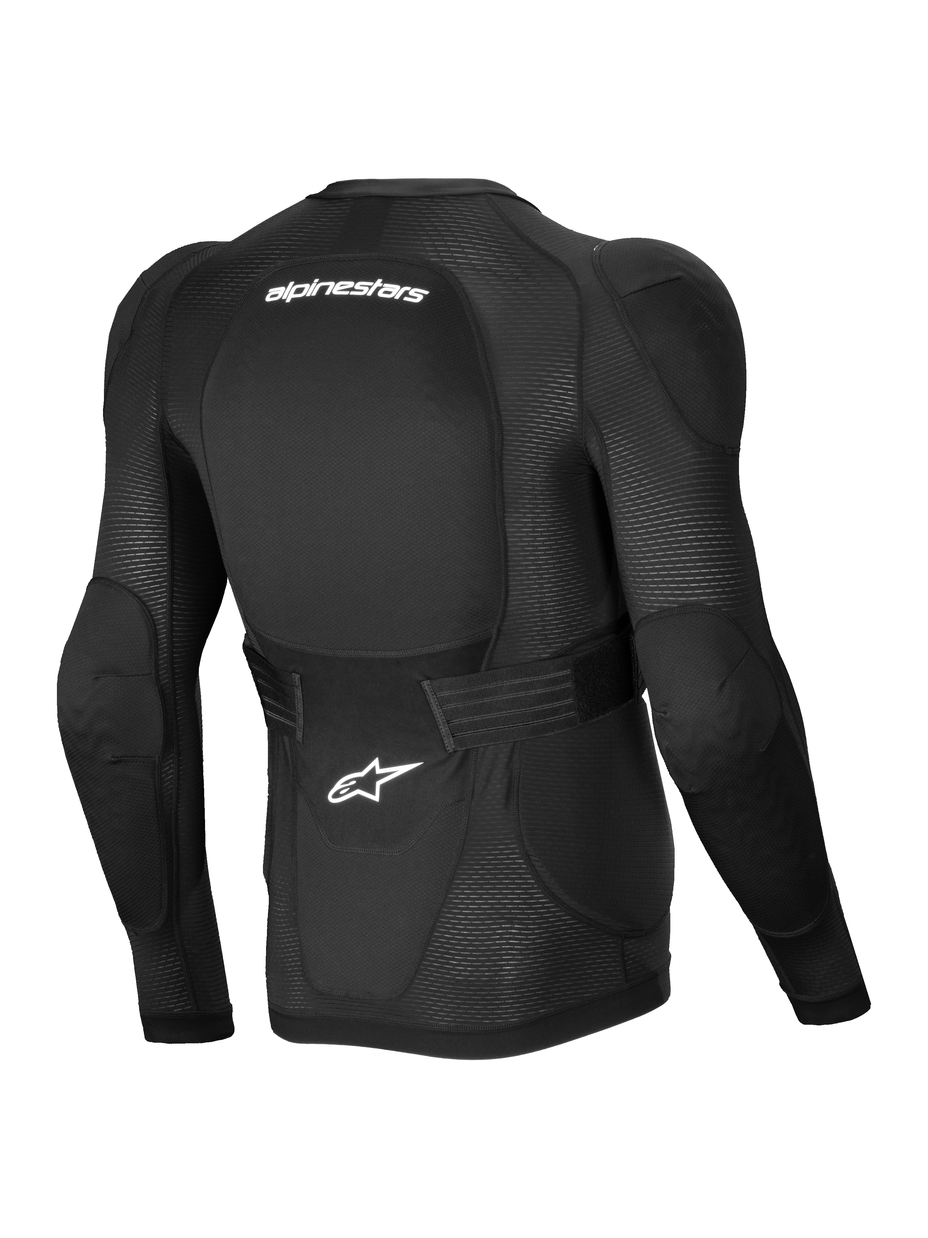 Alpinestars A-Impact Plasma Protection Jacket, Men's MTB Long Sleeve Protection Jacket, Black and White, CE Level 2 Nucleon Plasma back and shoulder protection, back view showing breathable stretch mesh and adjustable waist belt