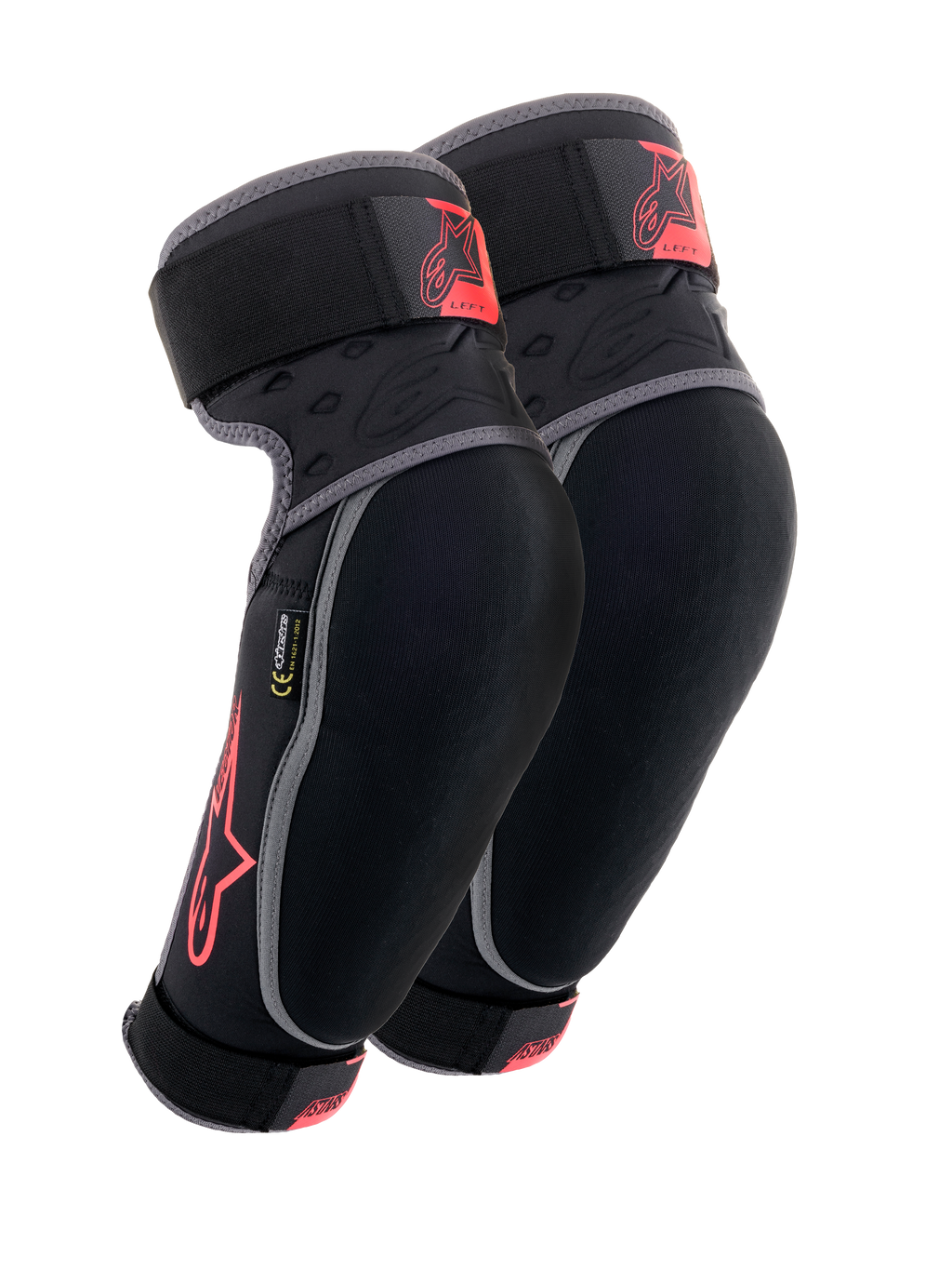 Alpinestars Vector Elbow Protectors, Black Anthracite and Red, MTB Protection Gear, pair of guards with gray piping, red star logo and Vector branding, adjustable straps, and ergonomic compression fit