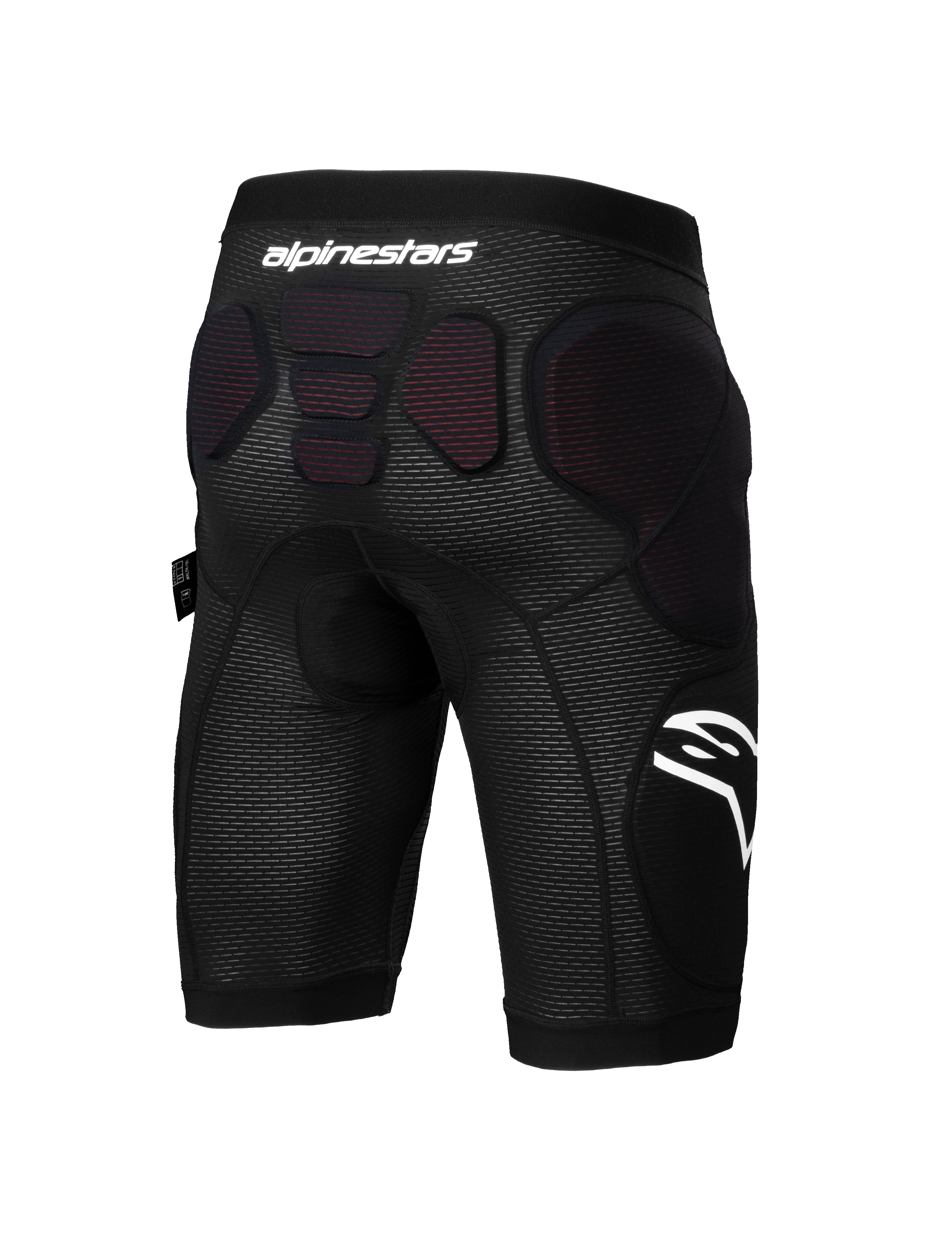 Alpinestars A-Impact Plasma Protection Shorts, Mountain Bike Protection Shorts, Black and White, rear view showing integrated protective padding on the hips and lower spine, breathable mesh fabric with white Alpinestars branding, designed for enduro and gravity cycling.