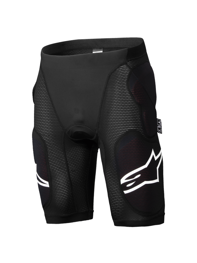 Alpinestars A-Impact Plasma skyddsshorts, skyddande mountainbikeshorts, svarta, integrerad stötskyddsvaddering för höft och lår, texturerade ribbade paneler, vita logotypdetaljer, kroppsnära stretchmaterial med god andningsförmåga
