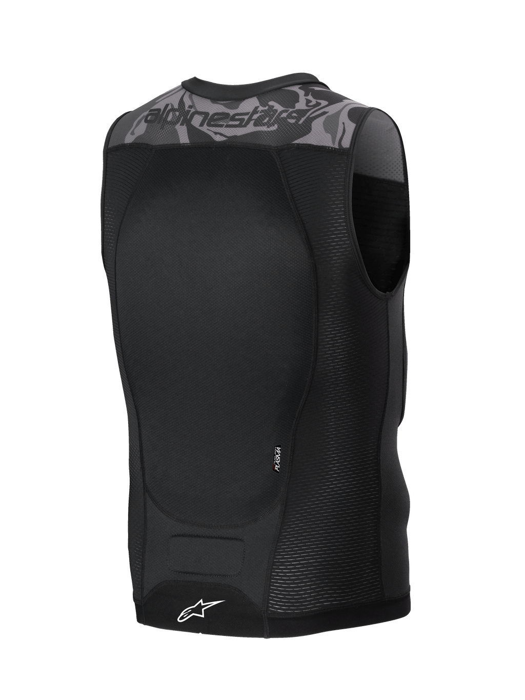 Alpinestars A-Motion Plasma Protection Vest, MTB and off-road cycling protection vest, Black Camo, featuring Nucleon Plasma back protector and breathable mesh construction, rear view