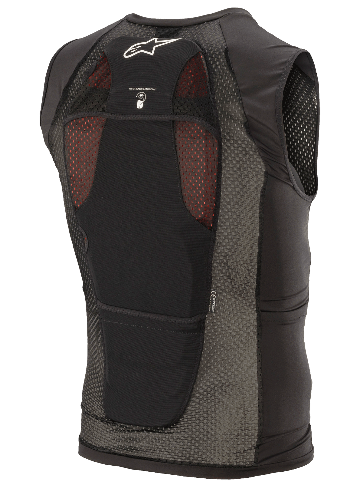 Alpinestars Paragon Plus skyddsväst, svart, vy bakifrån med lätt konstruktion i stretchmesh, vit Astar-logotyp, ikon för kompatibilitet med vätskesystem och integrerat CE Level 1-ryggskydd.
