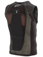 Alpinestars Paragon Plus skyddsväst, svart, vy bakifrån med lätt konstruktion i stretchmesh, vit Astar-logotyp, ikon för kompatibilitet med vätskesystem och integrerat CE Level 1-ryggskydd.