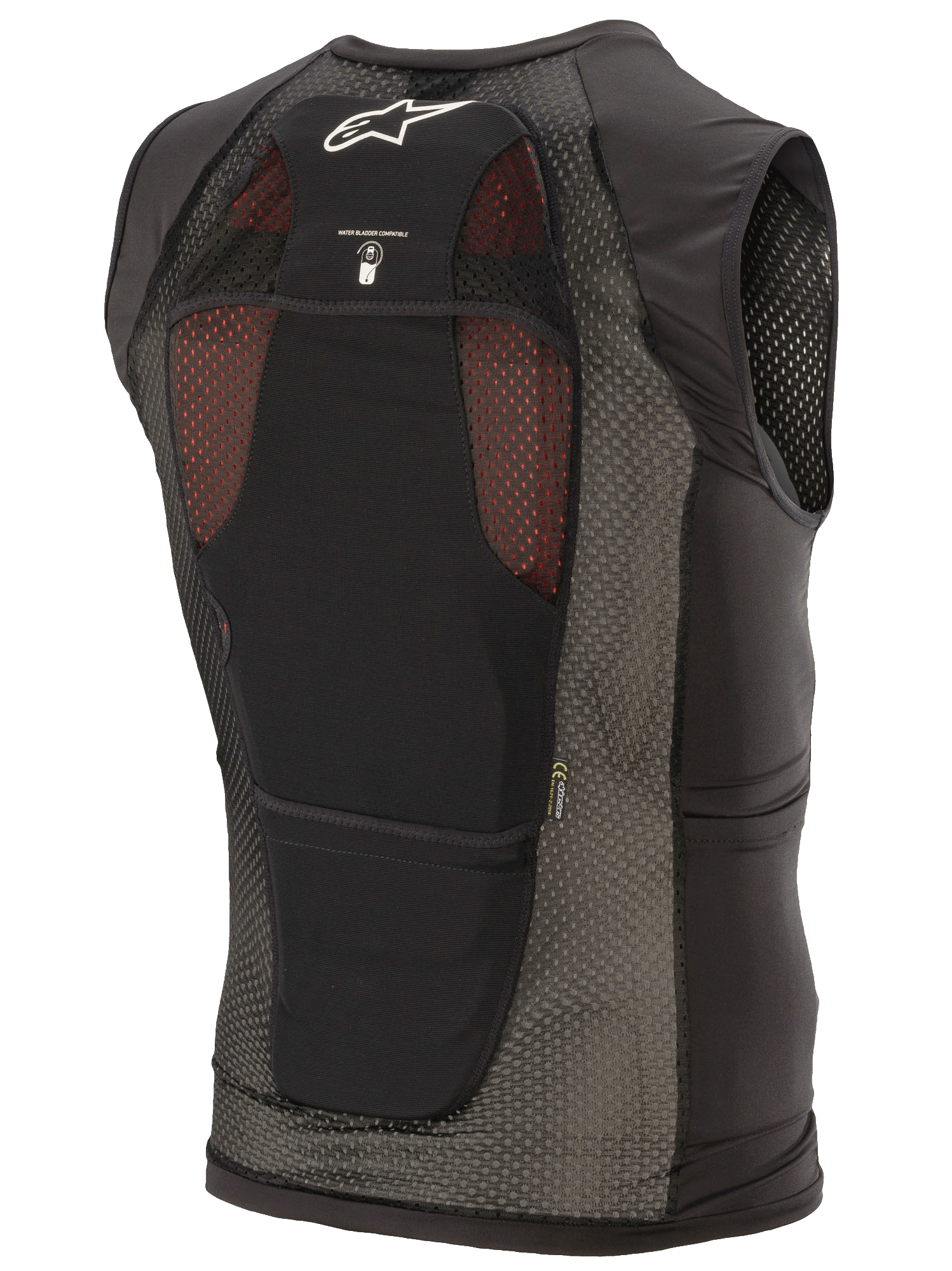 Alpinestars Paragon Plus skyddsväst, svart, vy bakifrån med lätt konstruktion i stretchmesh, vit Astar-logotyp, ikon för kompatibilitet med vätskesystem och integrerat CE Level 1-ryggskydd.