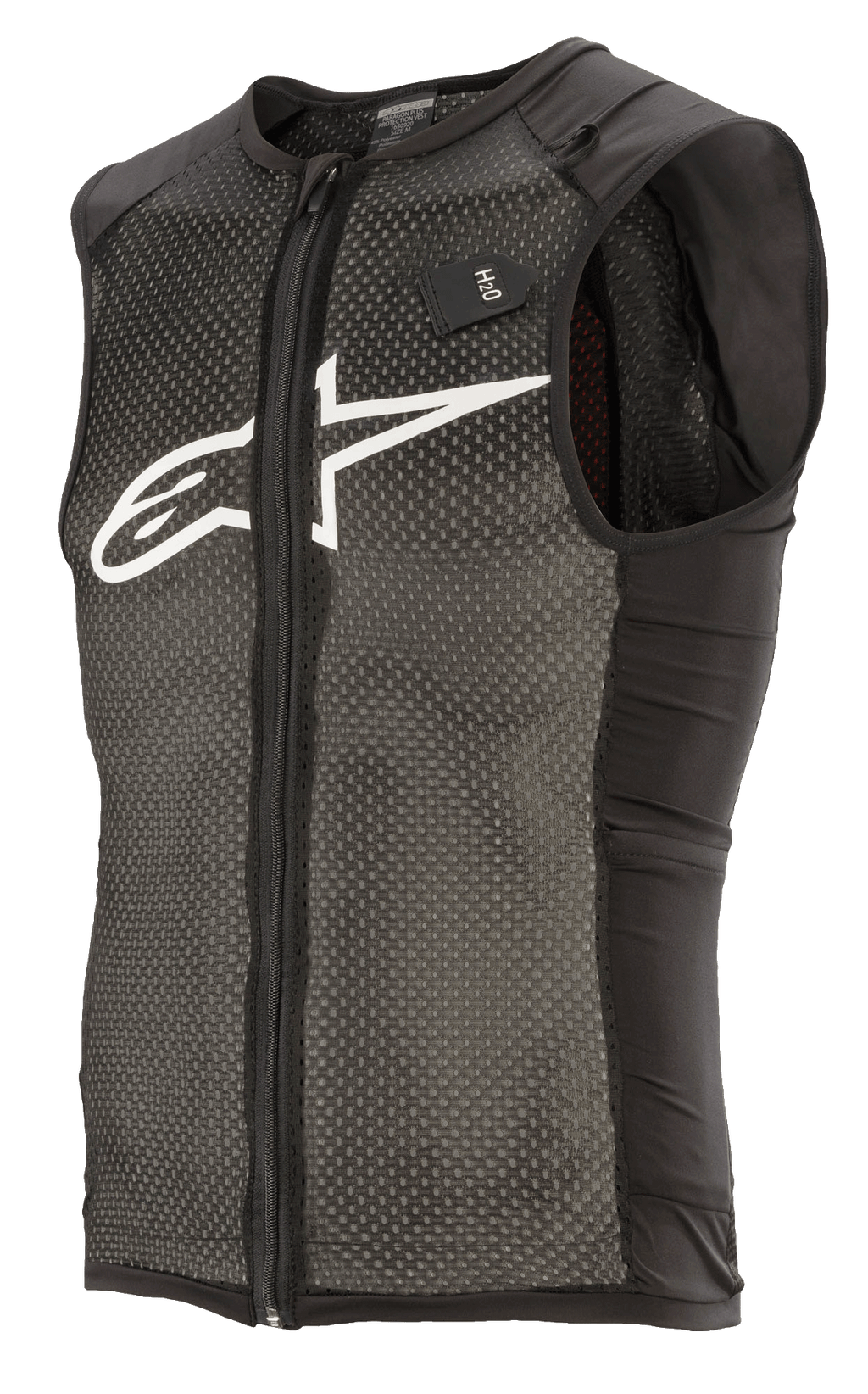 Alpinestars Paragon Plus Protection Vest, svart och vit, lätt MTB-skyddsväst med ärmlös design, hel dragkedja fram, huvudkonstruktion i texturerad stretchmesh, svarta sidopaneler, vit logotyp på bröstet och H2O-tagg för vätskesystem.