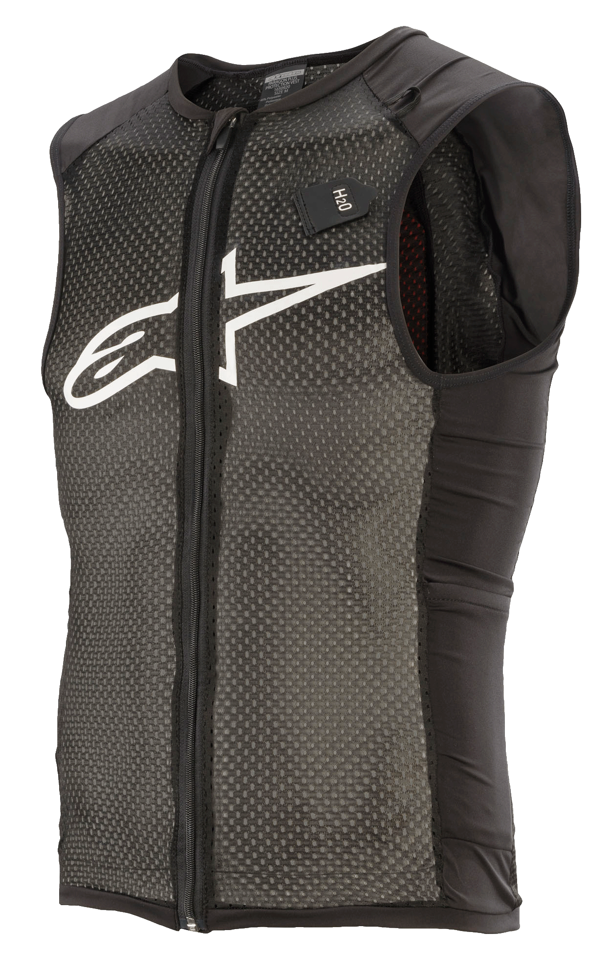 Alpinestars Paragon Plus Protection Vest, svart och vit, lätt MTB-skyddsväst med ärmlös design, hel dragkedja fram, huvudkonstruktion i texturerad stretchmesh, svarta sidopaneler, vit logotyp på bröstet och H2O-tagg för vätskesystem.