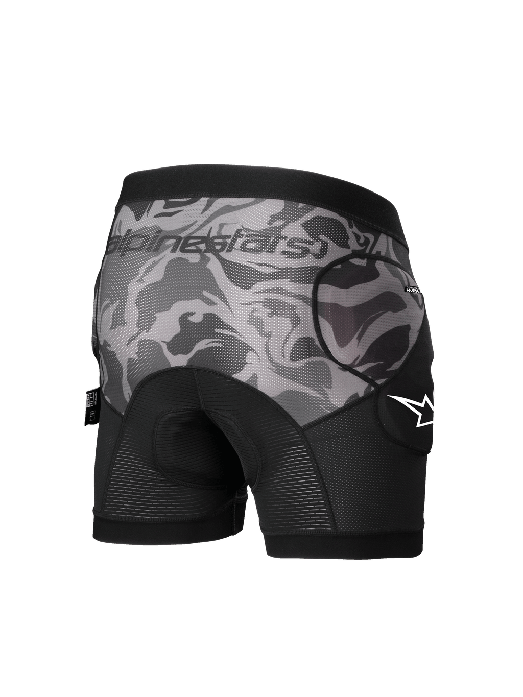 Alpinestars A-Motion Plasma Protection Boxers, Men's MTB Protection Shorts, Black Camo, CE Level 1 hip protectors, rear view