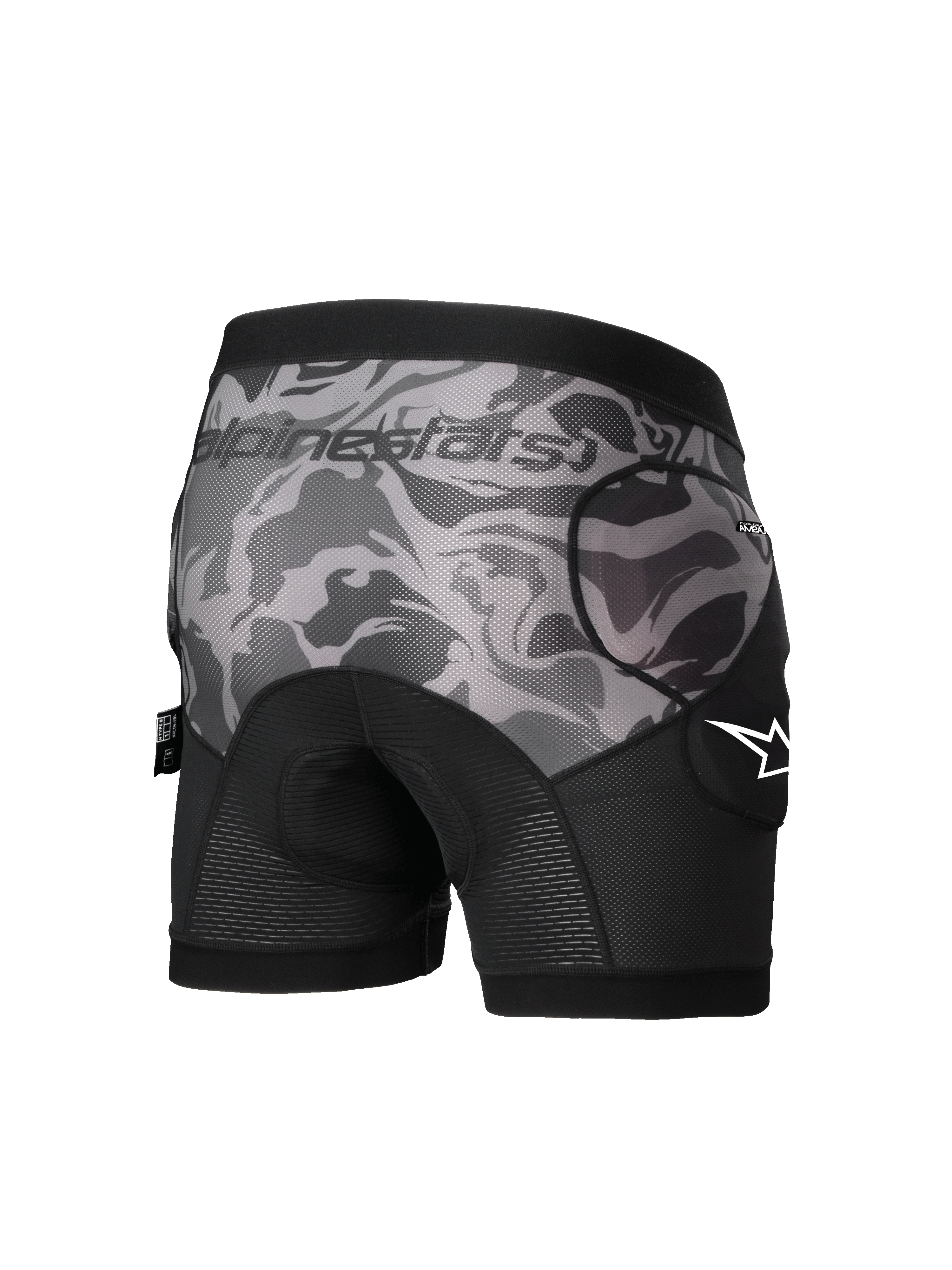Alpinestars A-Motion Plasma Protection Boxers, Men's MTB Protection Shorts, Black Camo, CE Level 1 hip protectors, rear view