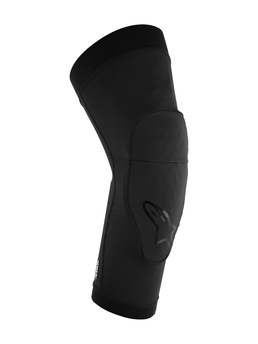 Alpinestars A-Motion Plasma Knee Sleeve, MTB-knäskydd, svart, förformad ergonomisk design med Nucleon Plasma-skydd, ventilerande stretchmesh-tyg med Alpinestars-logotyp på knät, slip-on-skydd för mountainbike