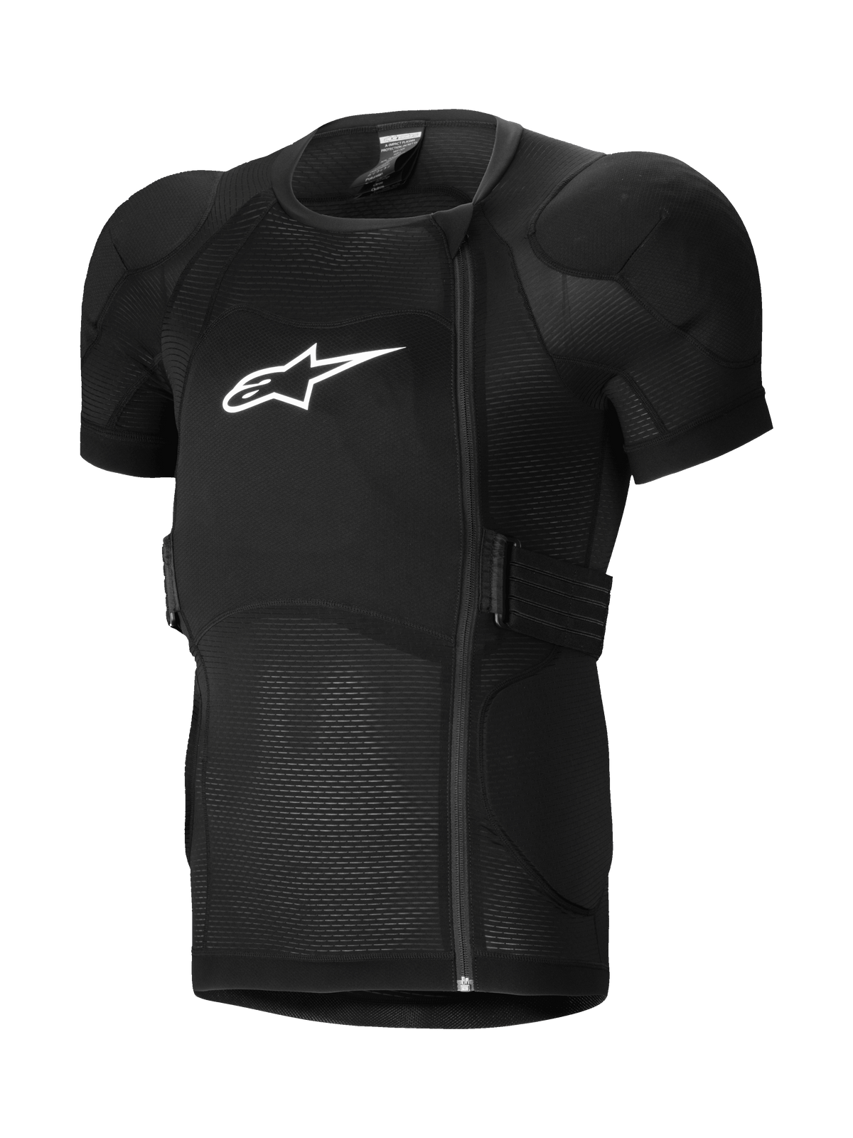 Alpinestars A-Impact Plasma skyddsjacka kortärmad, MTB-skyddsjacka, svart med vadderade axlar och bröstskydd, förskjuten sidodragkedja, ventilerande ribbat meshtyg och vit logotyp på bröstet
