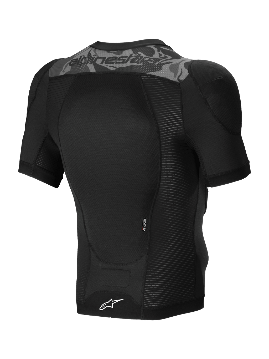 Alpinestars A-Motion Plasma skyddsjacka, kortärmad mountainbike skyddsjacka bakifrån i svart camo, med CE-certifierat Nucleon PLASMA-ryggskydd och ventilerande stretchmesh