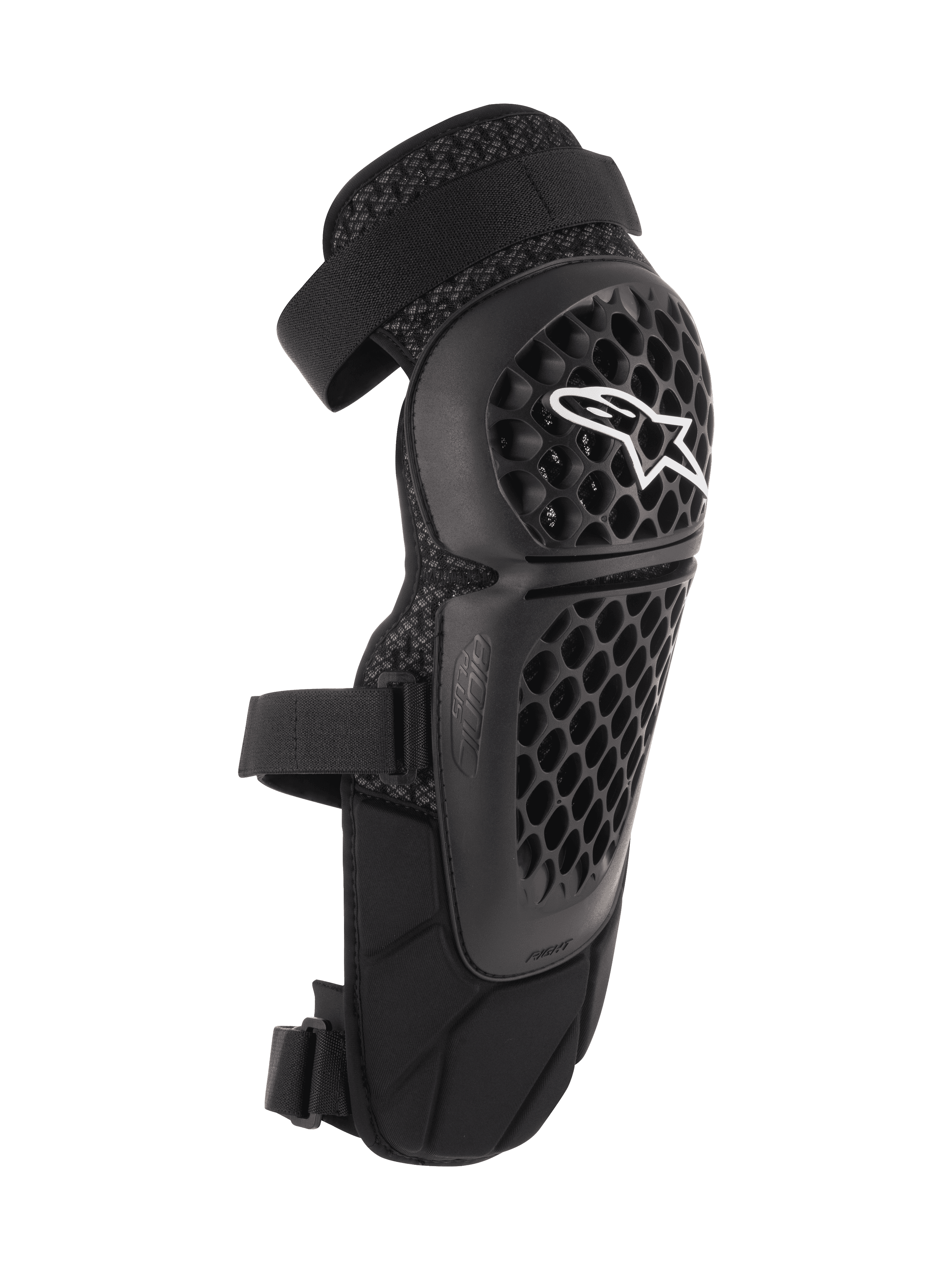 Alpinestars Bionic Plus Knee/Shin Protectors, Black, Off-road and MTB Protection, featuring a perforated honeycomb shell with a white Alpinestars logo, dual adjustable straps, and 3D mesh ventilation, ergonomic curved design