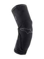 Alpinestars Paragon Plus knäskydd, knäskydd för mountainbike, svarta, ergonomiskt böjd design med ventilerande stretchmesh, slip-on-modell, subtil grå Astar-logotyp framtill