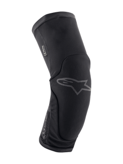 Alpinestars Paragon Plus knäskydd, knäskydd för mountainbike, svarta, ergonomiskt böjd design med ventilerande stretchmesh, slip-on-modell, subtil grå Astar-logotyp framtill