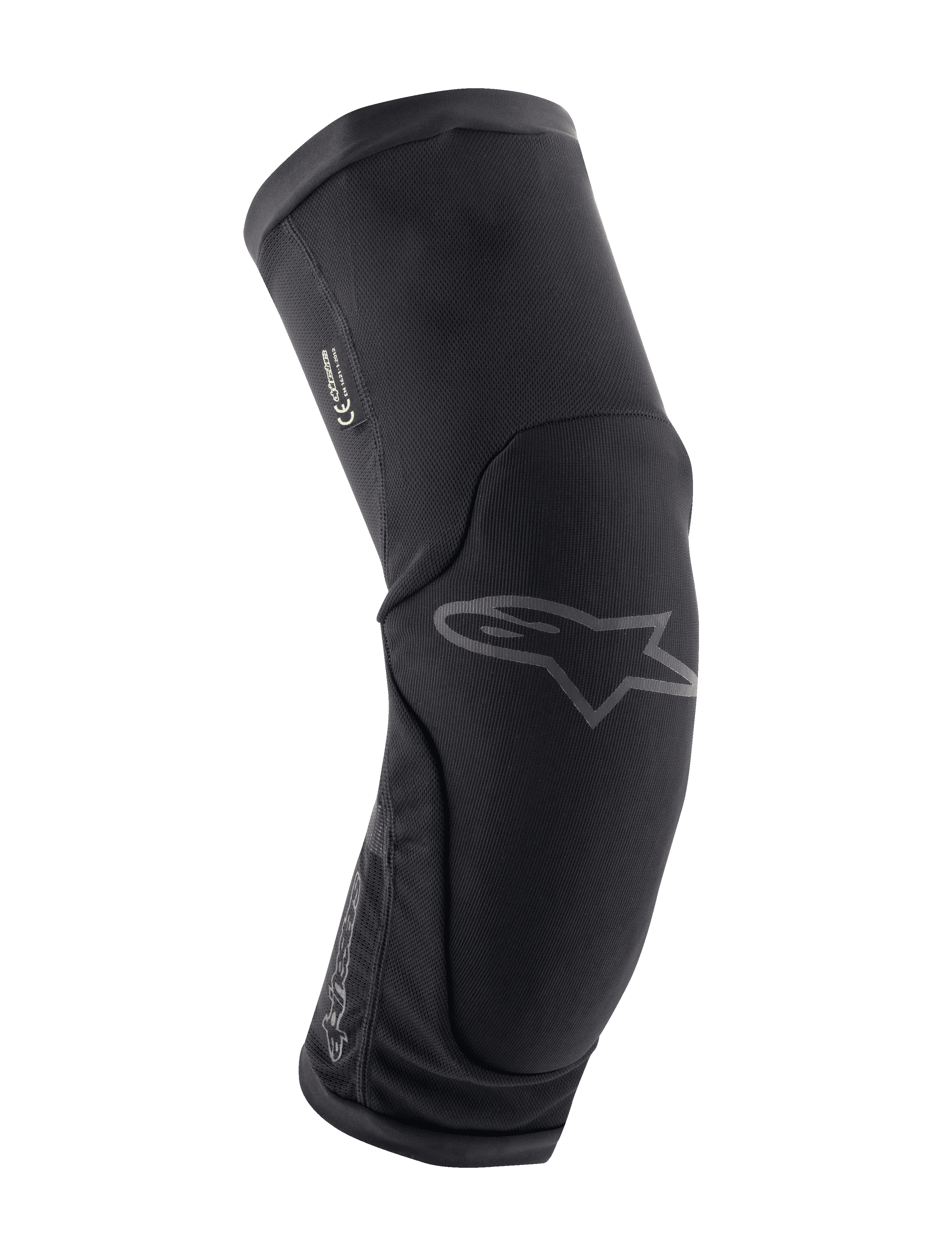 Alpinestars Paragon Plus knäskydd, knäskydd för mountainbike, svarta, ergonomiskt böjd design med ventilerande stretchmesh, slip-on-modell, subtil grå Astar-logotyp framtill