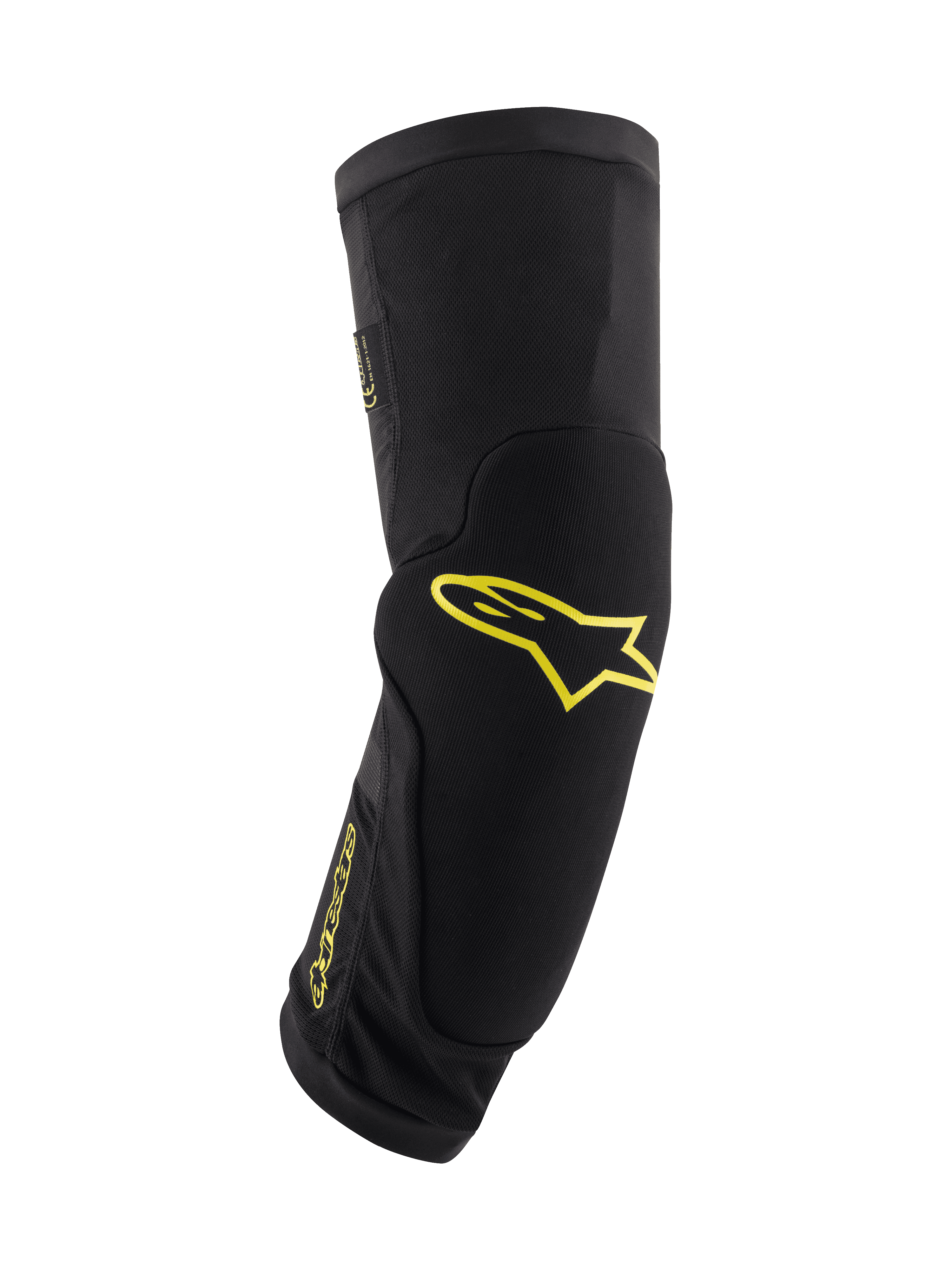 Alpinestars Paragon Plus knäskydd, svarta med syragula logotyper, skyddsutrustning för mountainbike, tubformad slip-on-modell med integrerad vaddering, ventilerande mesh och slitstarkt texturerat tyg