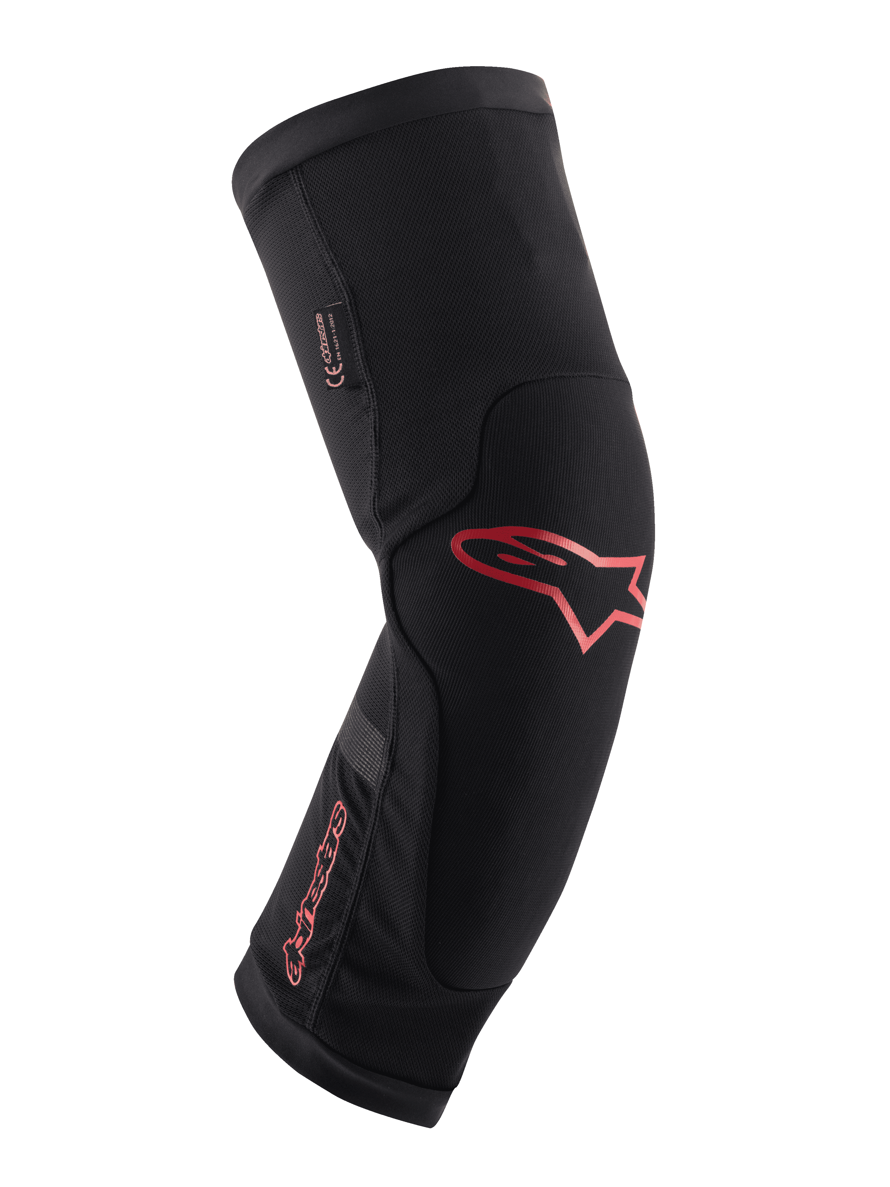 Alpinestars Paragon Plus knäskydd, svarta med röd Alpinestars-logotyp och text, ergonomisk slip-on-design, andningsbart mesh-tyg med förstärkta paneler, skyddsutrustning för mountainbike