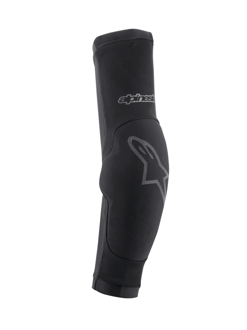 Alpinestars Paragon Plus armbågsskydd, MTB-armbågsskydd, svarta med grå logotypdetaljer, slip-on-modell med en vadderad armbågsdel och ventilerande meshmaterial, skyddsutrustning för terrängcykling