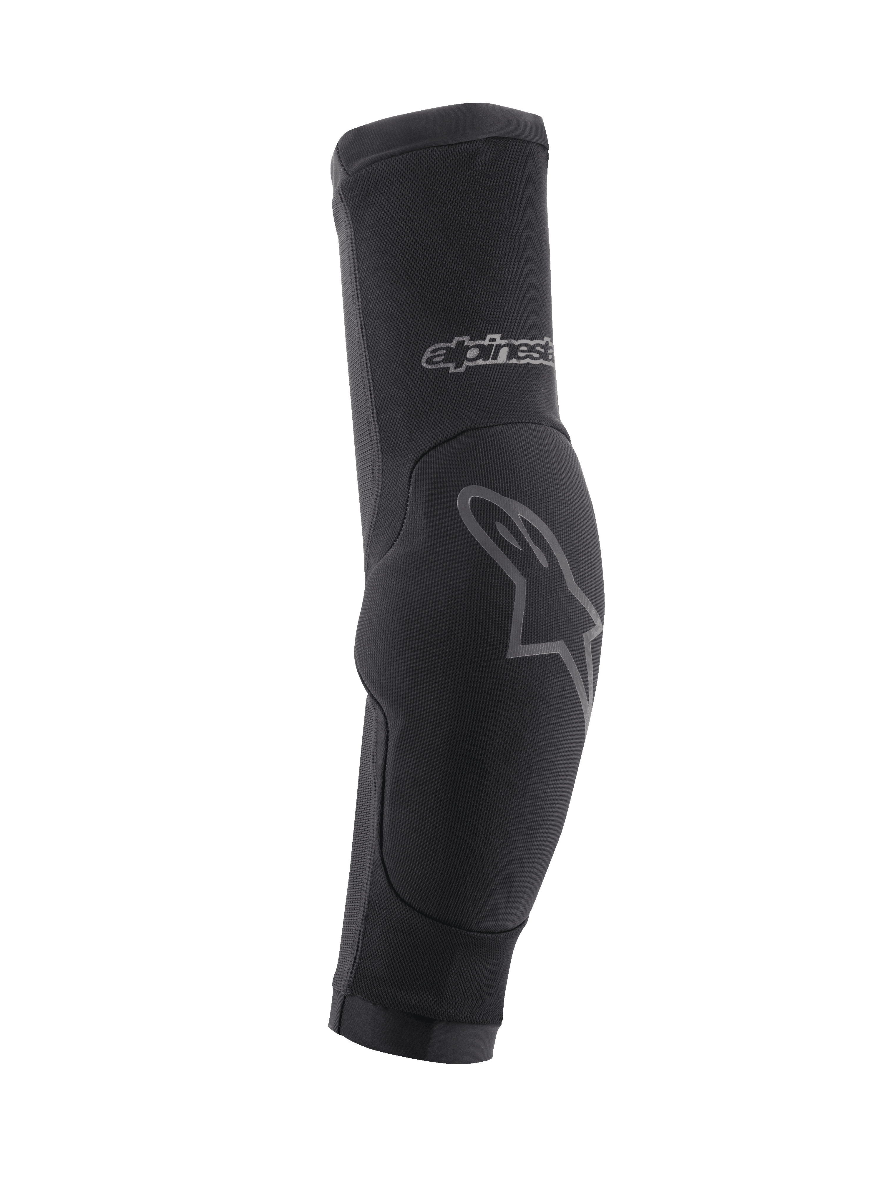 Alpinestars Paragon Plus armbågsskydd, MTB-armbågsskydd, svarta med grå logotypdetaljer, slip-on-modell med en vadderad armbågsdel och ventilerande meshmaterial, skyddsutrustning för terrängcykling