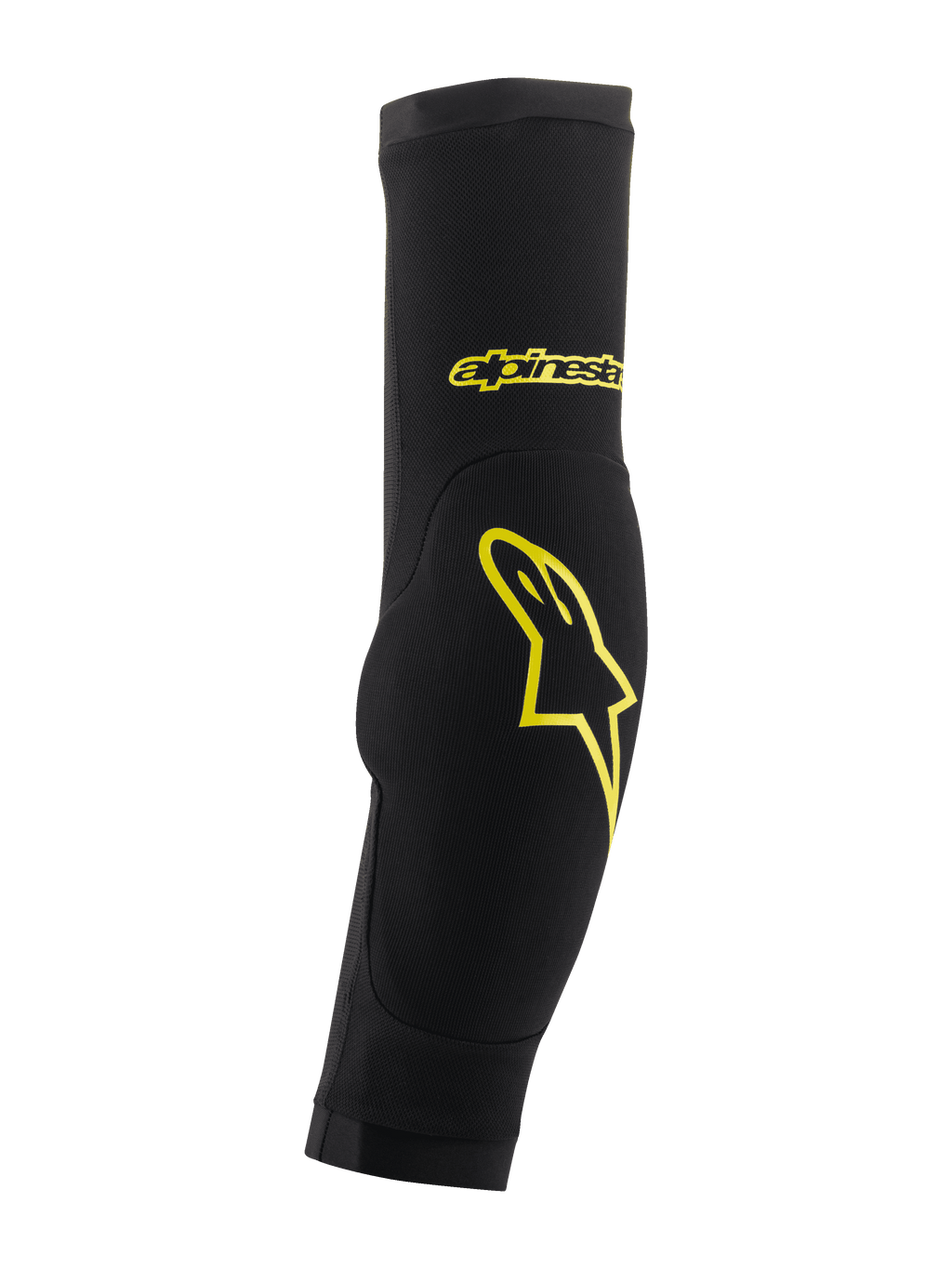 Alpinestars Paragon Plus armbågsskydd, svarta och syragula, slip-on-modell med integrerad vaddering, gul stjärnlogotyp och textlogotyp, andningsbart meshtyg för MTB-skydd
