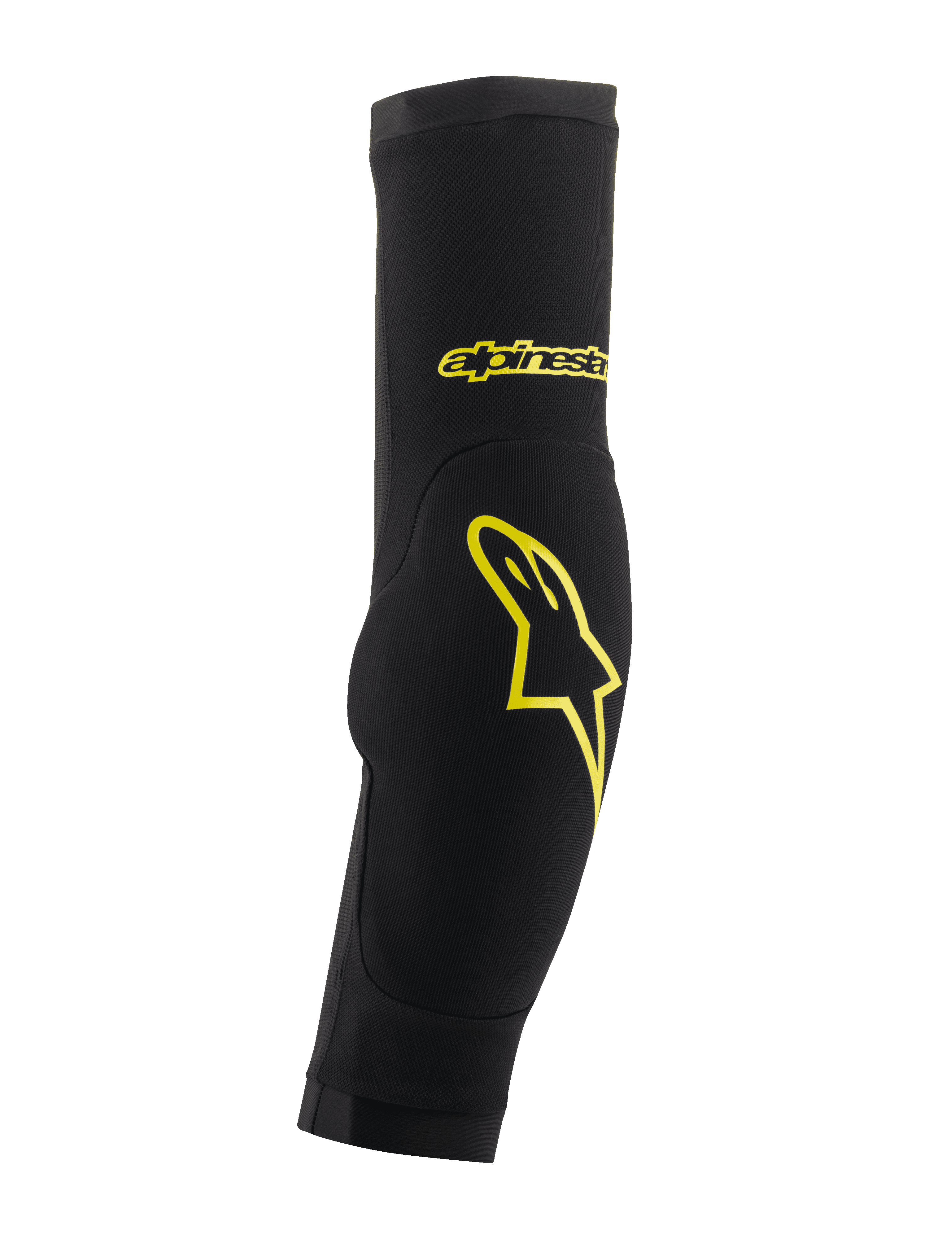 Alpinestars Paragon Plus armbågsskydd, svarta och syragula, slip-on-modell med integrerad vaddering, gul stjärnlogotyp och textlogotyp, andningsbart meshtyg för MTB-skydd