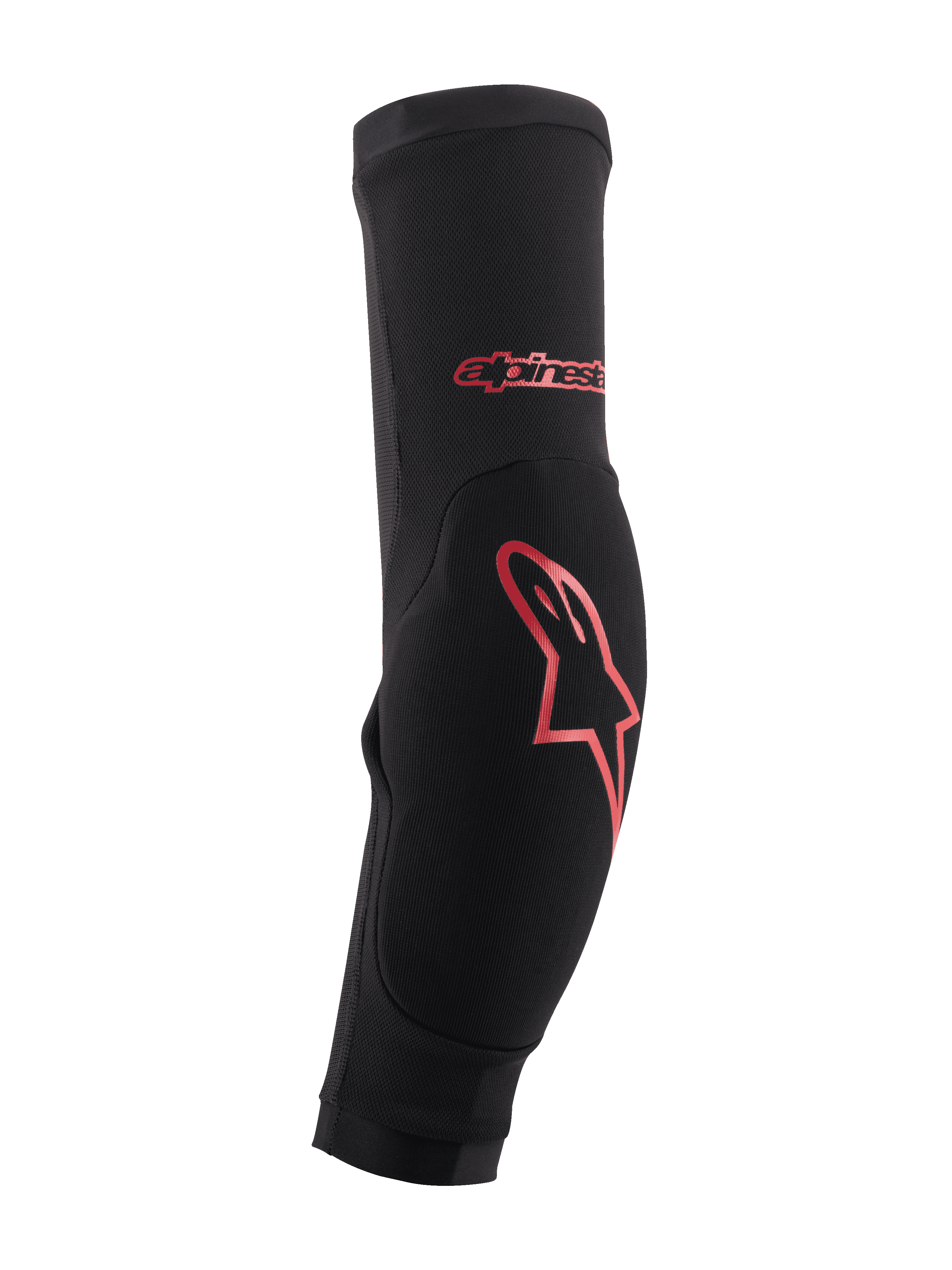Alpinestars Paragon Plus armbågsskydd, svarta med röd logotyp, MTB mountainbike-skydd, formanpassad slip-on-ärm med förstärkt stötskydd och ventilerande mesh-chassi