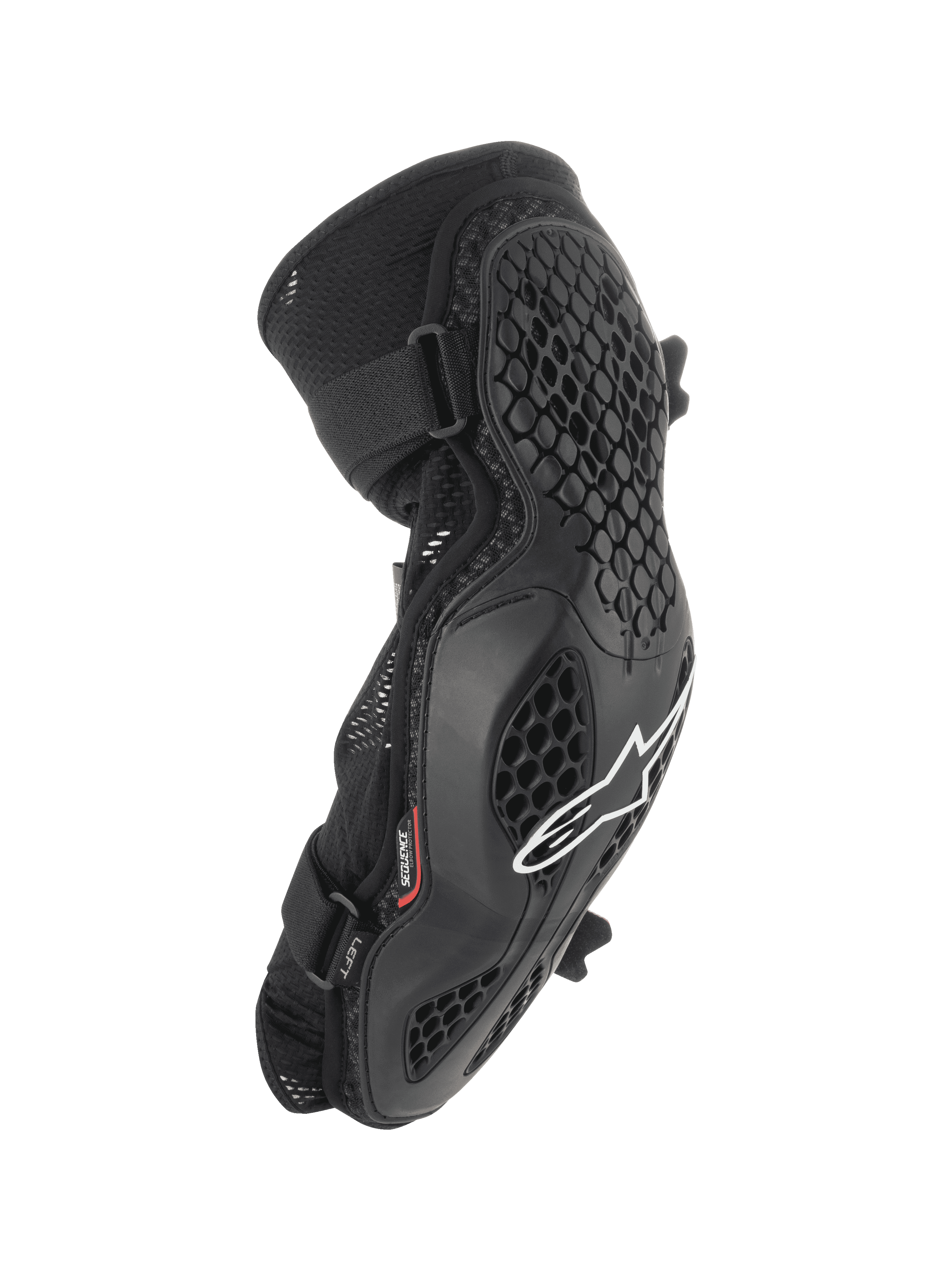 Alpinestars Bionic Pro armbågsskydd, MTB-armbågsskydd, svarta med vit logotyp, bikakeformad rutnätsstruktur, ventilerande mesh-chassi, dubbla justerbara remmar, ergonomisk design för terräng- och mountainbikecykling