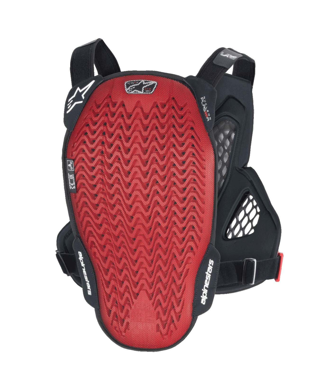Alpinestars A-6 Plasma-bröstskydd, baksida, röd texturerad Nucleon PLASMA-ryggplatta med svarta sidovingar och justerbara remmar, MTB gravity-skyddsutrustning i Black Anthracite Red