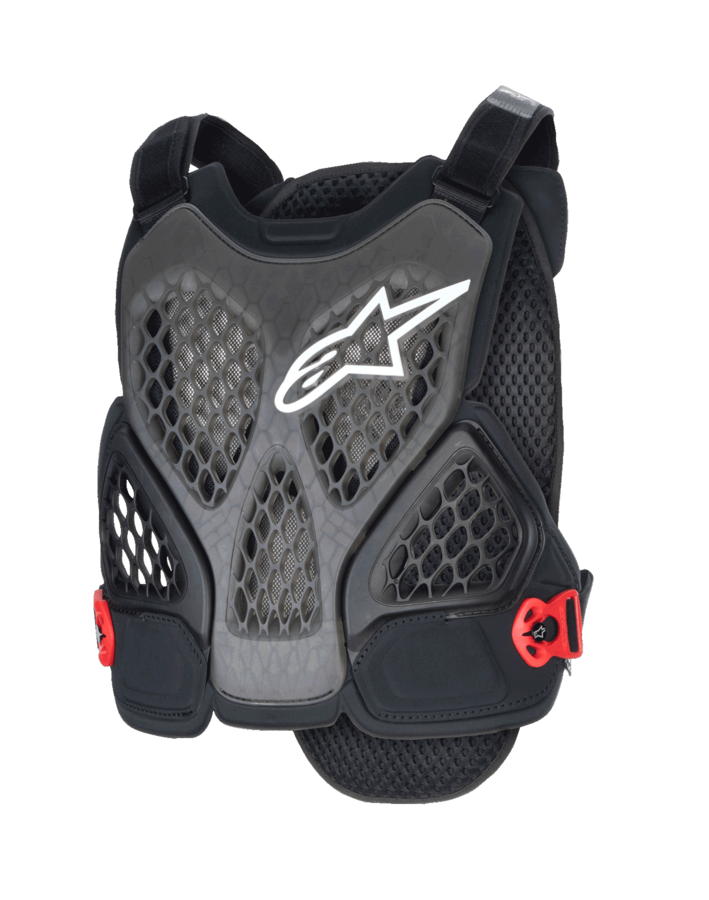 Alpinestars A-6 Plasma bröstskydd, MTB-bröstskydd, svart, antracit och röd, med vit stjärnlogotyp, perforerade bikakeformade meshpaneler för ventilation, röda sidospännen och justerbara axelremmar, designat för skydd vid terräng- och gravity-mountainbiking.