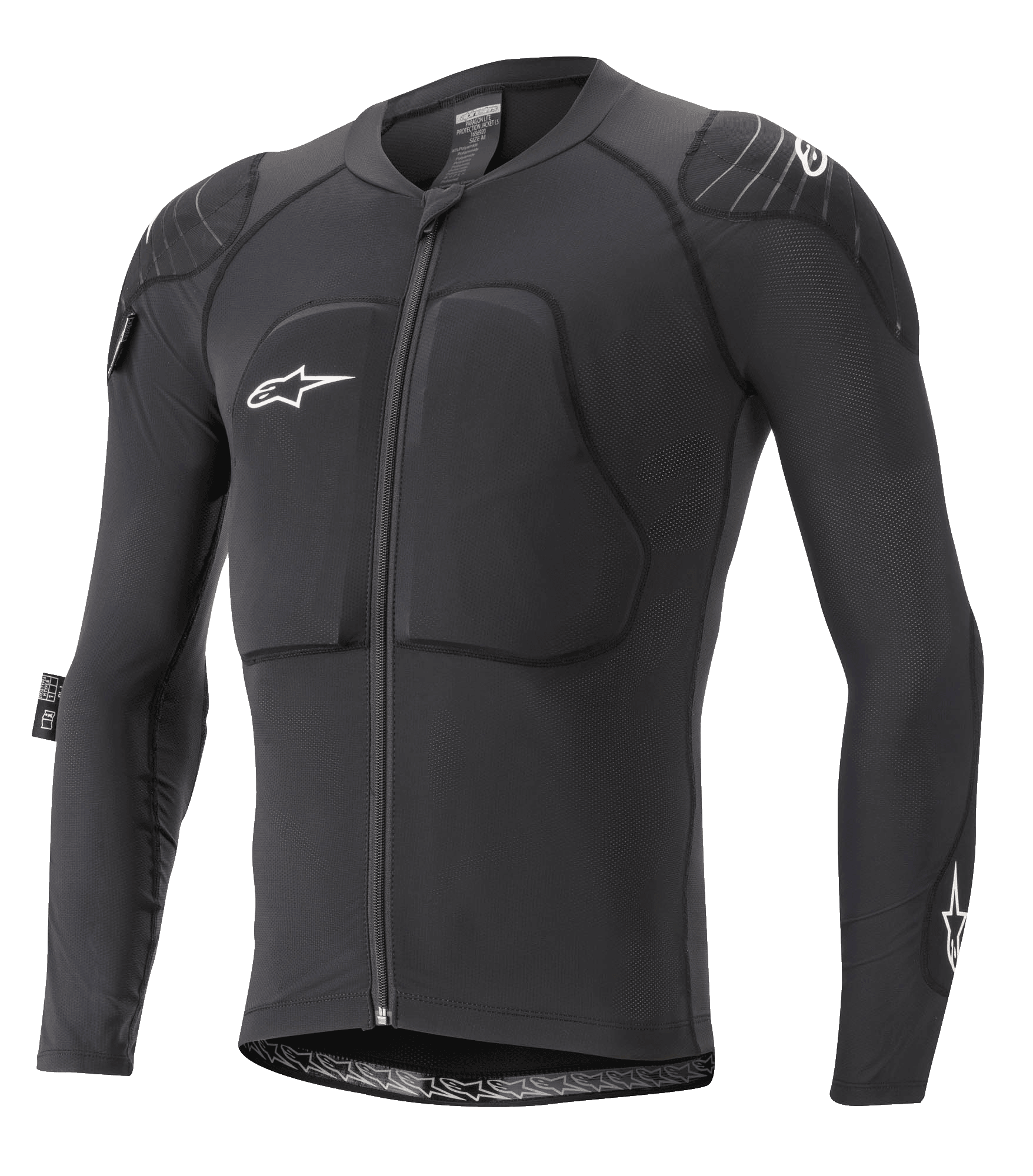 Alpinestars Paragon Lite skyddsjacka – långärmad, MTB-kroppsskydd, svart, meshkonstruktion med god andningsförmåga, vadderat bröst och axlar, dragkedja fram, vit stjärnlogotyp på bröstet, lätt och figursydd design