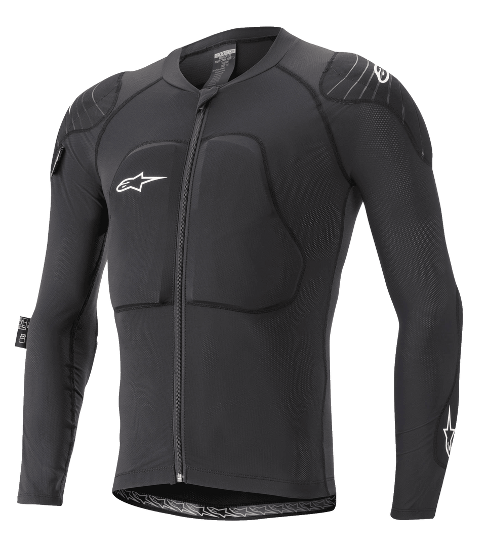 Alpinestars Paragon Lite Protection Jacket - Long Sleeve, MTB body armor, Black, breathable mesh construction with padded chest and shoulders, front zipper, white star logo on chest, lightweight and fitted design
