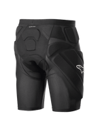 Alpinestars Vector Tech Shorts, svarta skyddsshorts för cykling, med integrerad EVA-minnesskumvaddering på höfter och rygg, andningsbar stretchmesh-konstruktion med en vit Alpinestars-logotyp på sidan.