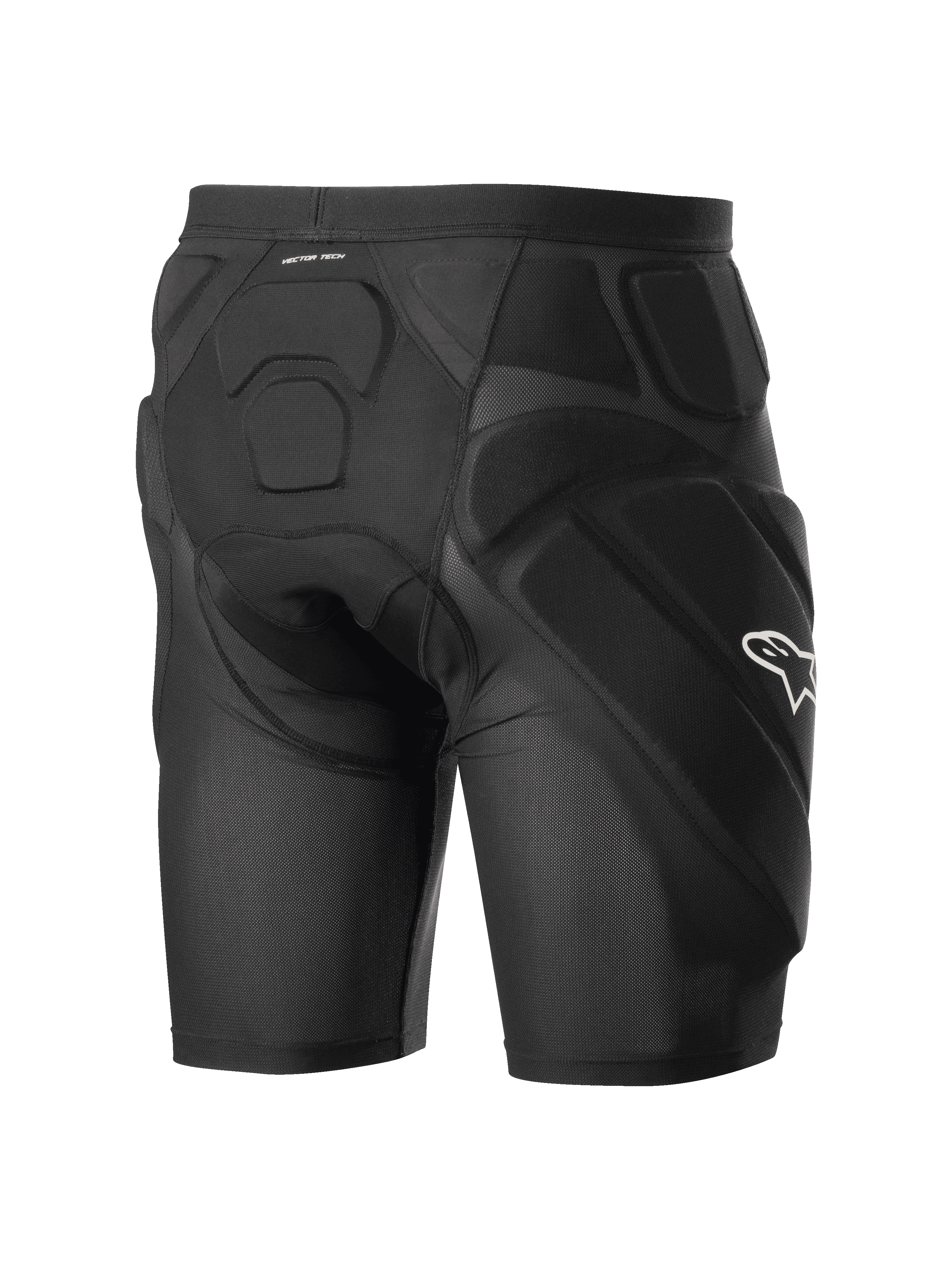 Alpinestars Vector Tech Shorts, svarta skyddsshorts för cykling, med integrerad EVA-minnesskumvaddering på höfter och rygg, andningsbar stretchmesh-konstruktion med en vit Alpinestars-logotyp på sidan.