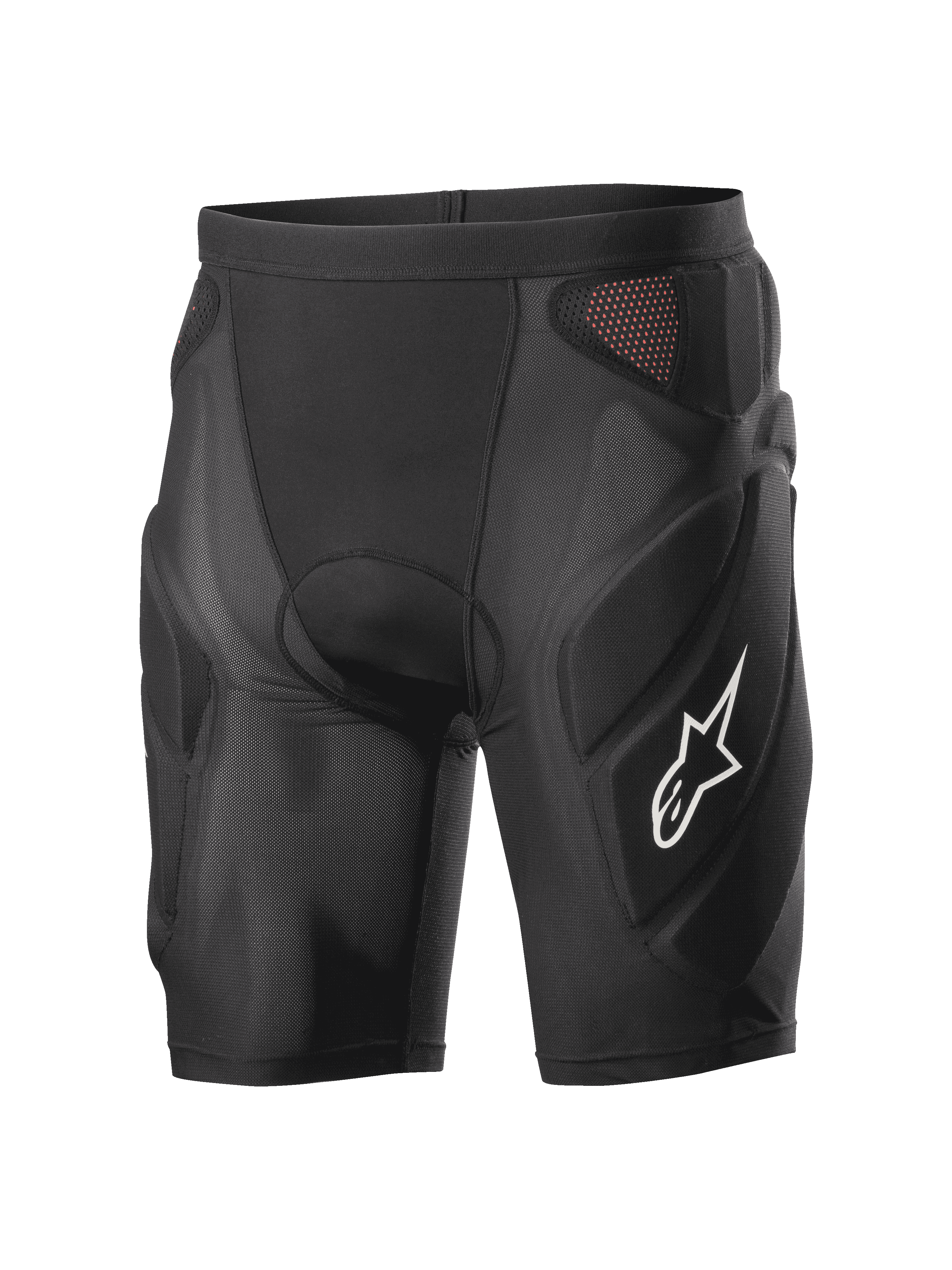Alpinestars Vector Tech Shorts, svarta skyddsshorts för cykling, vadderad kompressionsdesign med röda meshpaneler, vit stjärnlogotyp på låret, lätt stretchmesh med EVA-skumskydd, utrustning för MTB och downhill