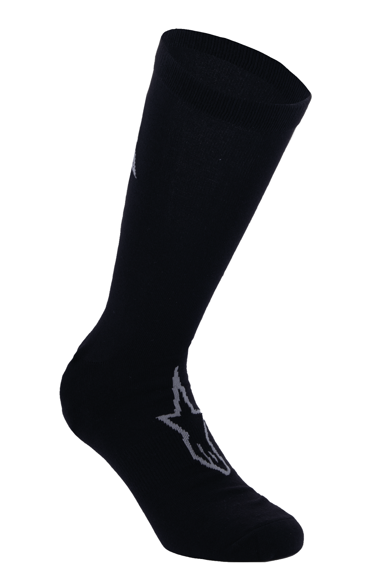 Alpinestars A-Dura Thermal-strumpor, svarta cykelstrumpor med grå Astars-logotyp, vadlång modell med ribbad mudd, slätt termiskt stretchmaterial för mountainbikecykling på vintern
