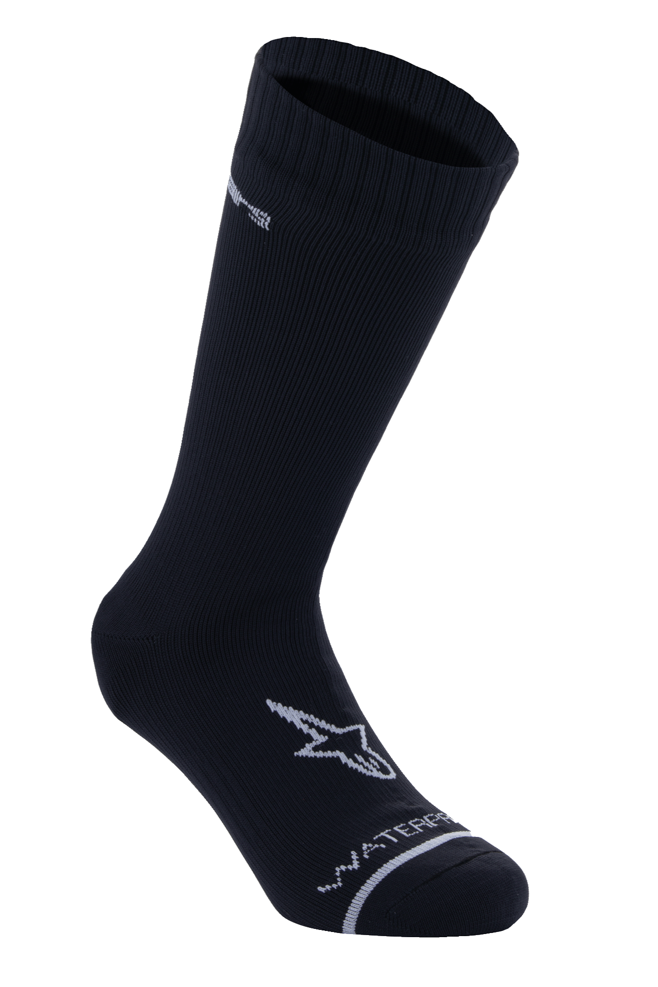 Alpinestars A-Dura Waterproof Socks, svarta, vadlånga cykelstrumpor, ribbad textur på mudden, vit A-star-logotyp på foten, "Waterproof"-text på tån, tekniskt MTB-underställ
