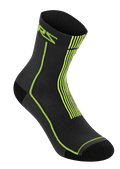 Alpinestars Summer Socks 15, Black and Acid Yellow, lightweight ribbed cycling socks, featuring neon yellow ASTARS branding and vertical stripes on the heel, breathable mesh construction for hot weather MTB riding