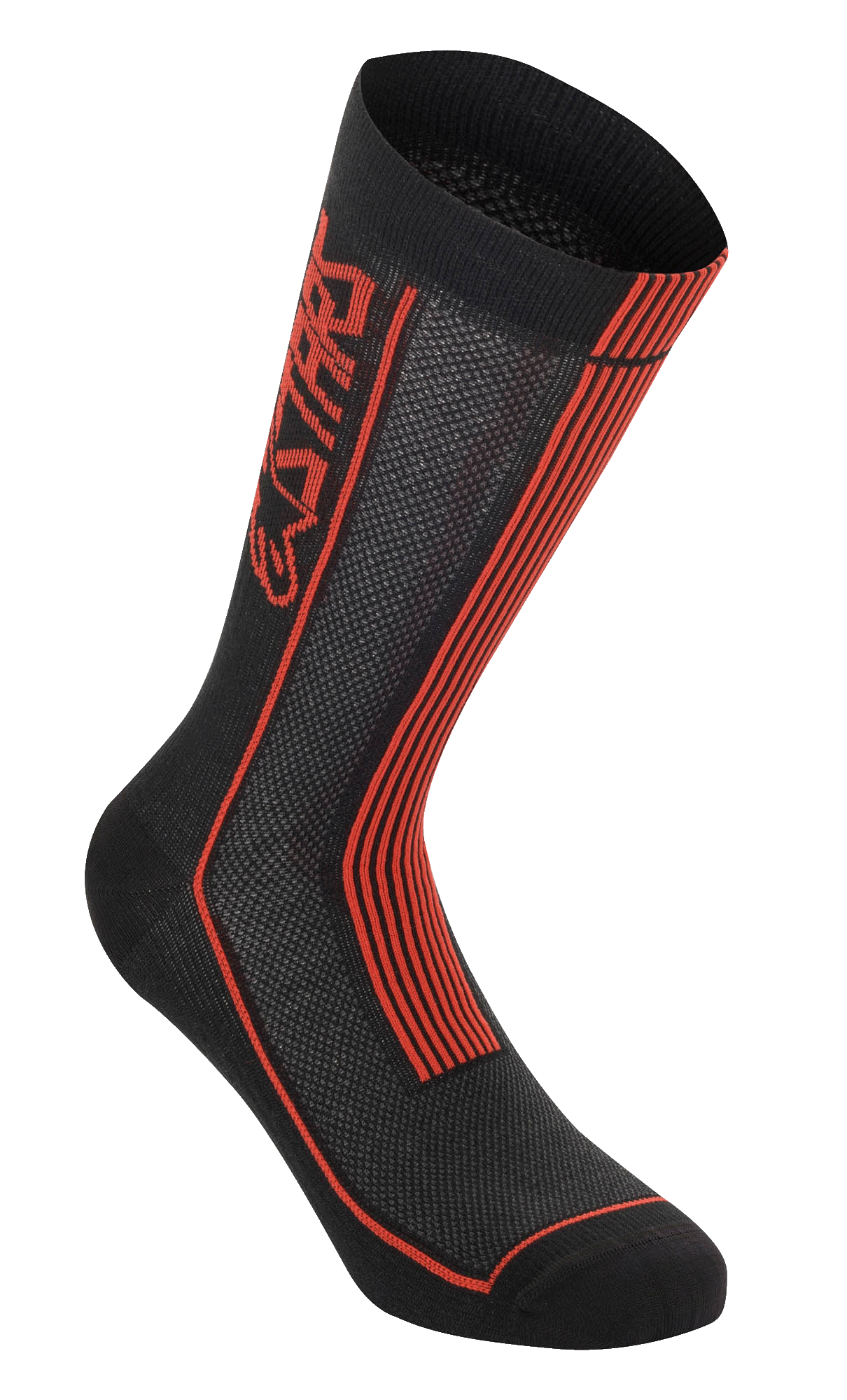Alpinestars Summer Socks, cykelstrumpor, svarta och klarröda, vertikal Astars-logotyp och röda ränder, stickad mesh-textur för luftflöde, ribbad konstruktion för stretch, högpresterande fotbeklädnad för cykling i varmt väder
