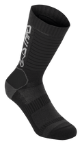 Alpinestars Paragon Lite Socks 19, Mountain Bike Socks, Black, technical mesh construction, vertical Alpinestars branding, ribbed texture for stretch, reinforced heel and toe, lightweight breathable fabric for off-road cycling