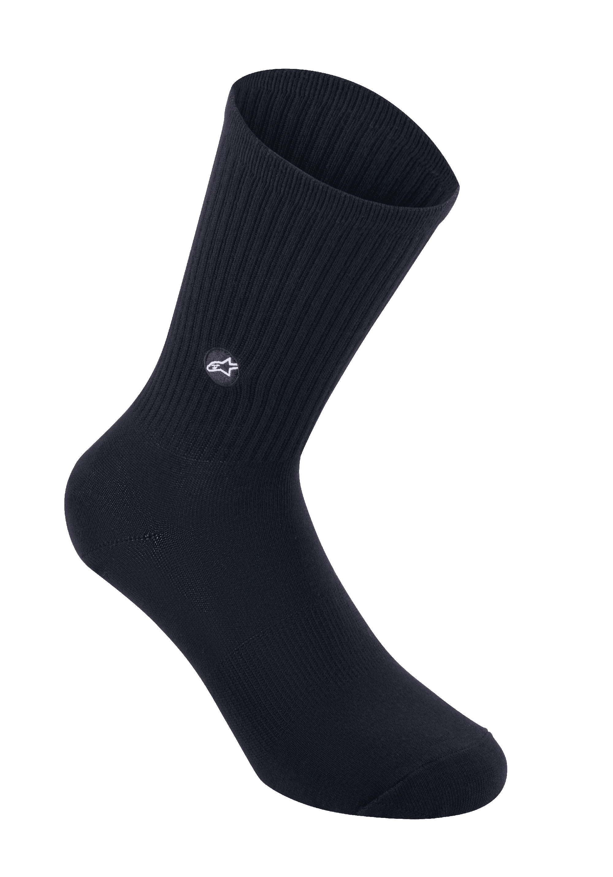 Alpinestars Alps Crew Socks, cykelstrumpor, svarta, ribbstickat skaft med broderad patch med stjärnlogotyp, klassisk crew-modell för MTB och landsvägscykling