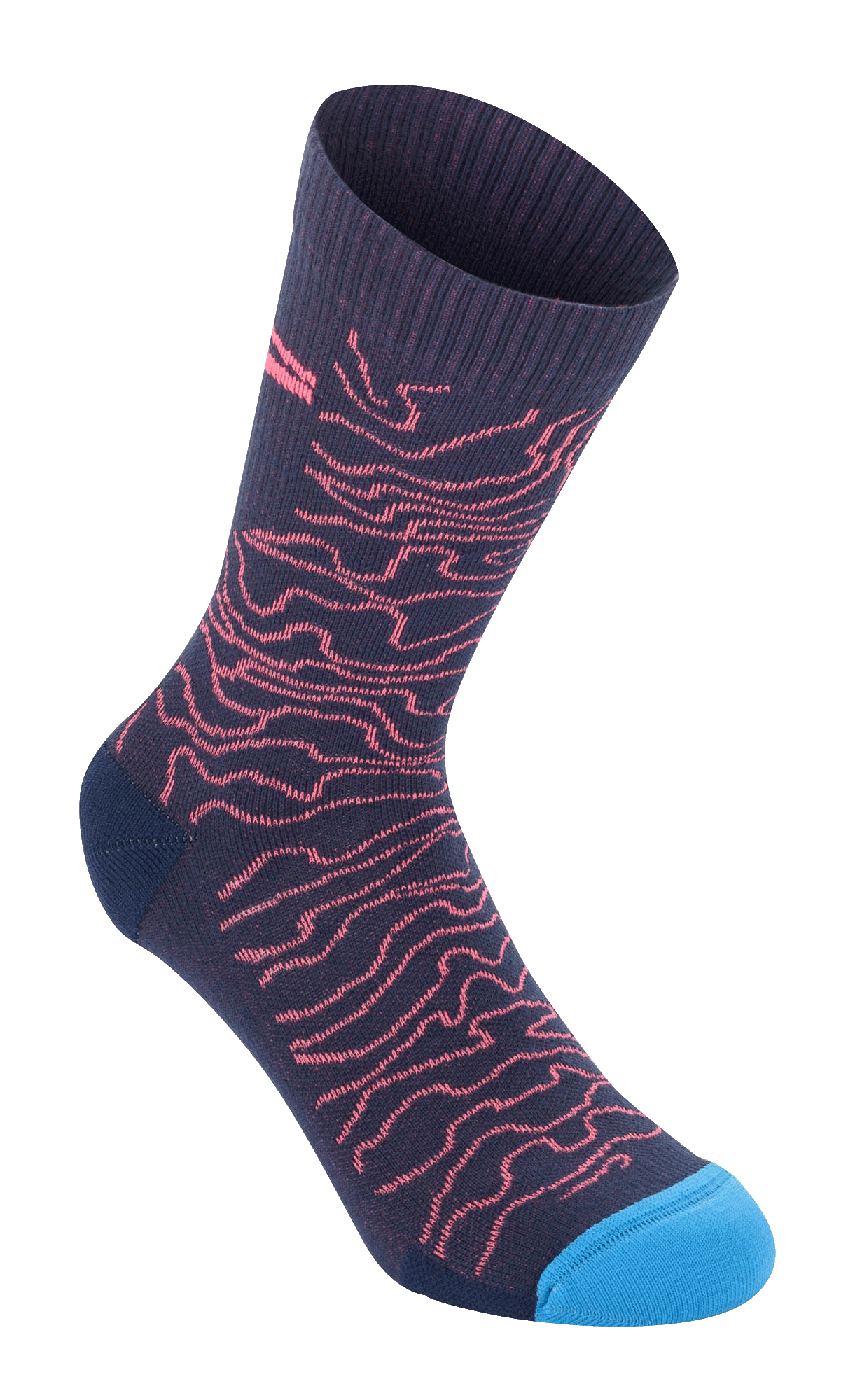 Alpinestars Drop Socks 15, mörkblå med korallfärgat vågmönster och ljusblå tå, ribbad textur upptill, midhöga cykelstrumpor
