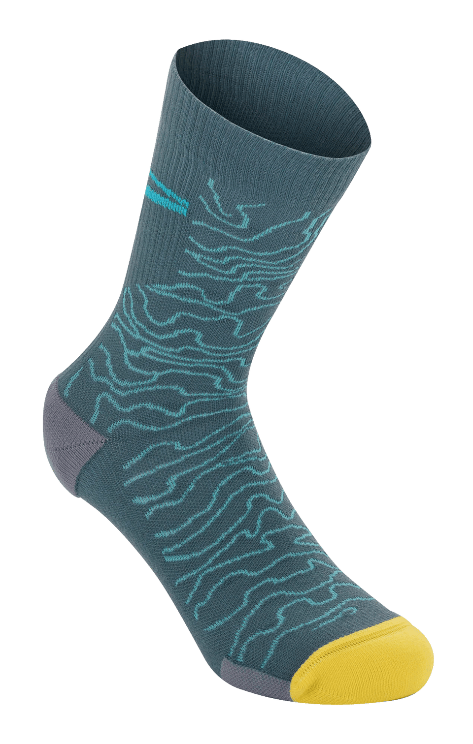 Alpinestars Drop Socks 15, mountainbikestrumpor, Atlantic Ceramic-blå med ljusblått topografiskt mönster, klargul tå och grå häl, ribbad struktur, lätta MTB-prestandastrumpor