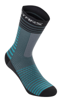 Alpinestars Drop Socks 19, cykelstrumpor, Atlantic Ceramic och grå, horisontella turkosa och svarta ränder, meshkonstruktion med hög andningsförmåga, mid-calf längd, funktionsutrustning för mountainbikecykling
