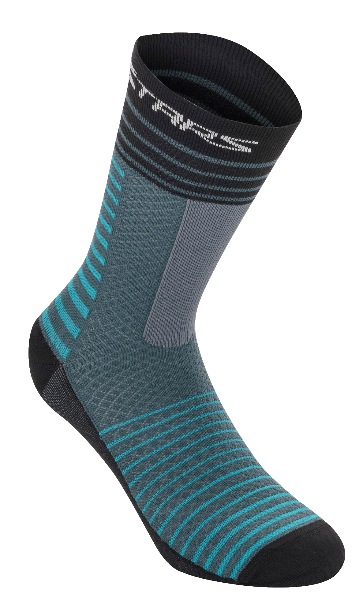 Alpinestars Drop Socks 19, cykelstrumpor, Atlantic Ceramic och grå, horisontella turkosa och svarta ränder, meshkonstruktion med hög andningsförmåga, mid-calf längd, funktionsutrustning för mountainbikecykling