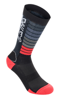 Alpinestars Drop Socks, performance cycling socks, Black and Bright Red, featuring horizontal gray and red stripes, white Astars logo on the cuff, reinforced heel and toe, mesh construction for MTB gear