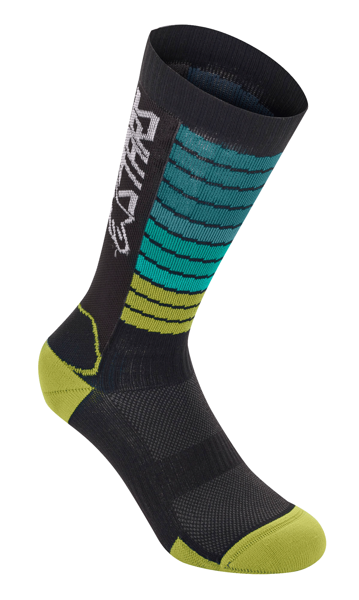 Alpinestars Drop Socks, mountainbike MTB-cykelstrumpor, svarta med tonade ränder i blågrönt och limegrönt, gulgrön tå och häl, med vit Astars-logotyp och ventilerande mesh-textur
