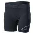 Alpinestars Stella Drop Inner Shorts för dam, svarta underställsshorts för cykling, kroppsnära kompressionsshorts med omlottmidja, grå Alpinestars-logotyp på benet, fukttransporterande stretchmaterial för MTB och enduro